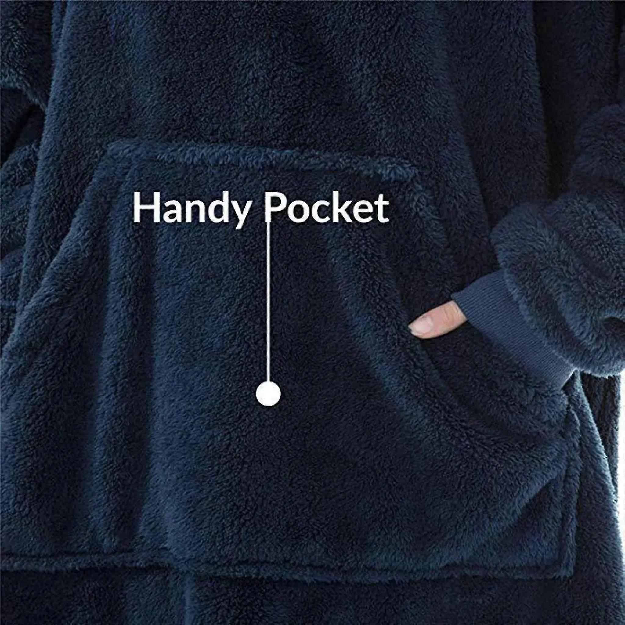 Dark blue double fleece hooded jacket with a large front kangaroo pocket and ribbed cuffs.