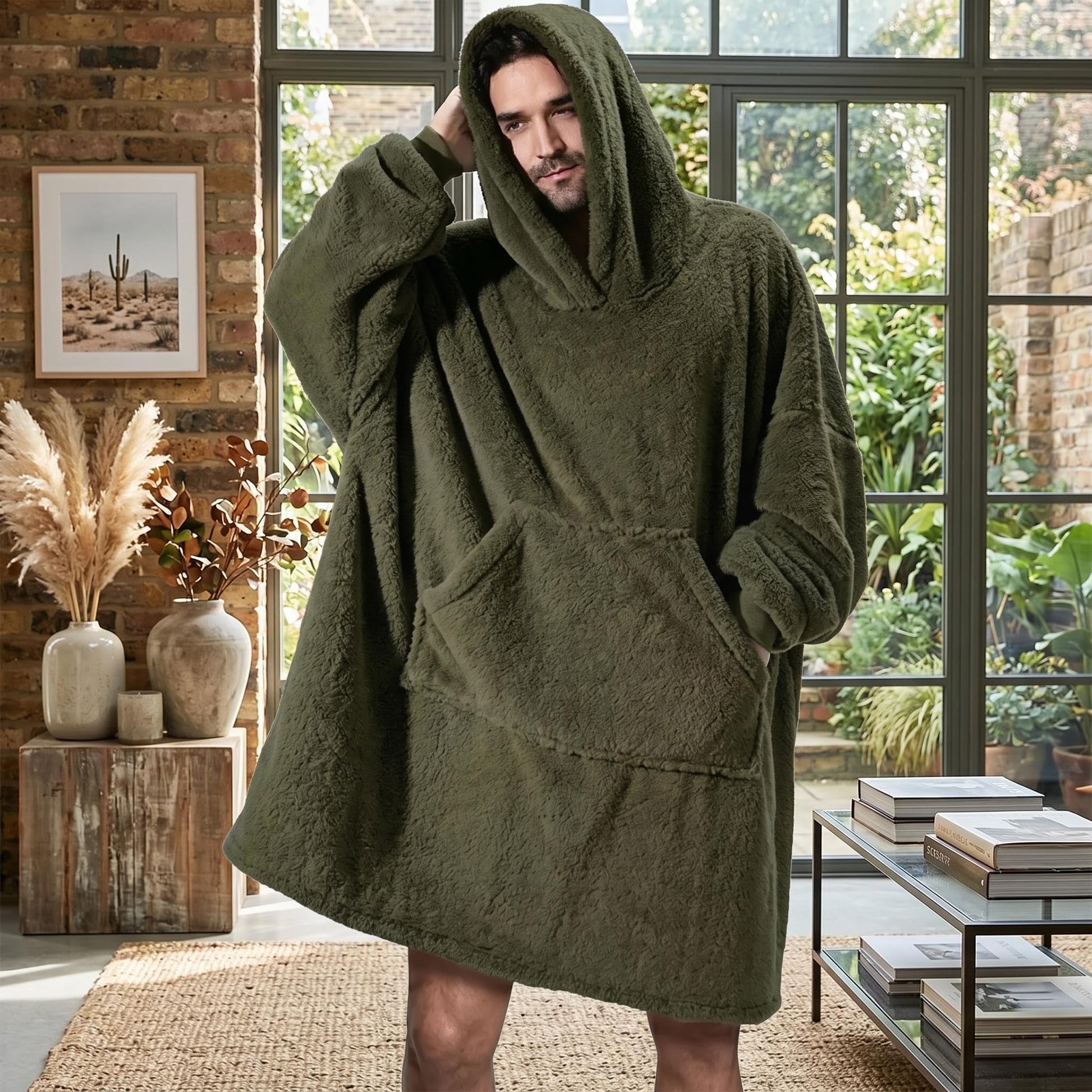 Man wearing a loose-fitting, olive green double fleece hooded jacket with a large front pocket.