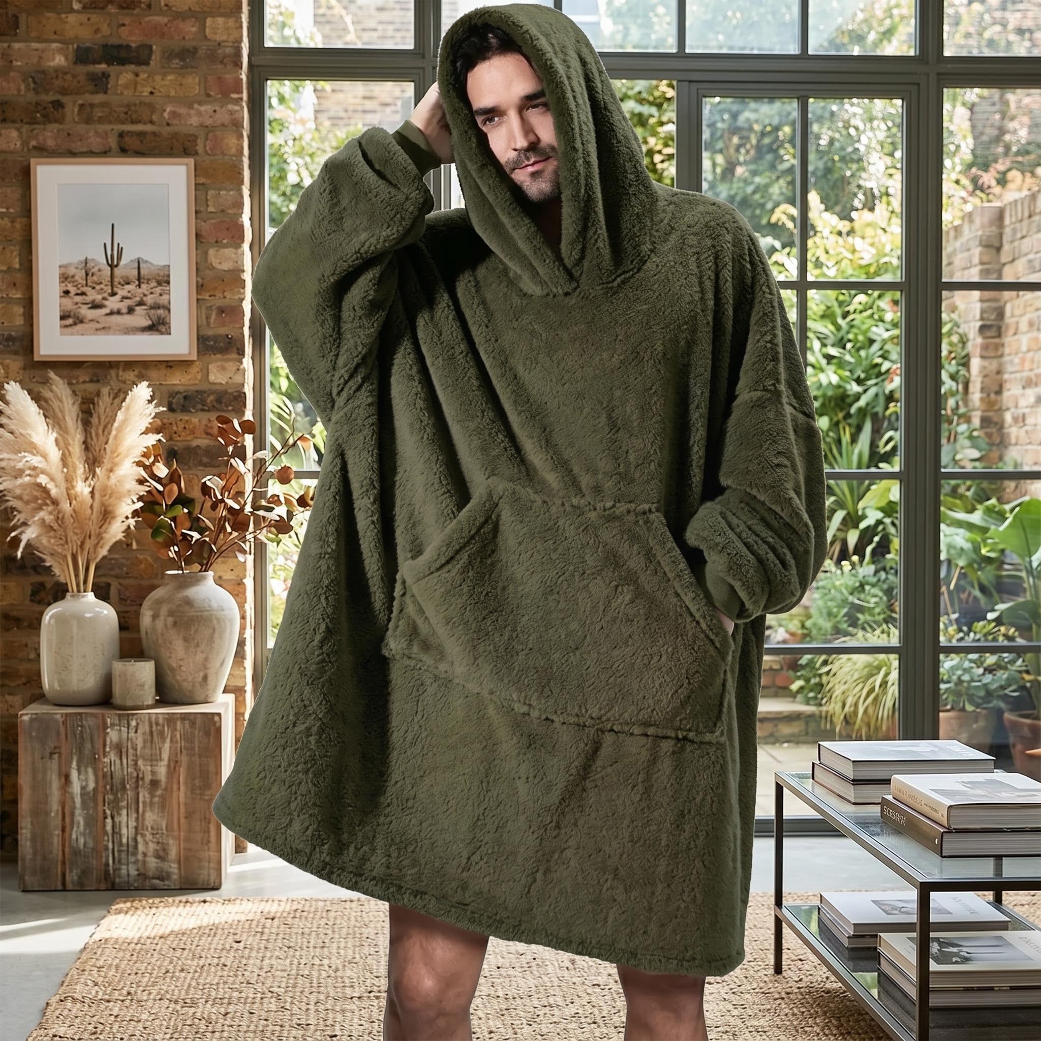 Man wearing a loose-fitting, olive green double fleece hooded jacket with a large front pocket.