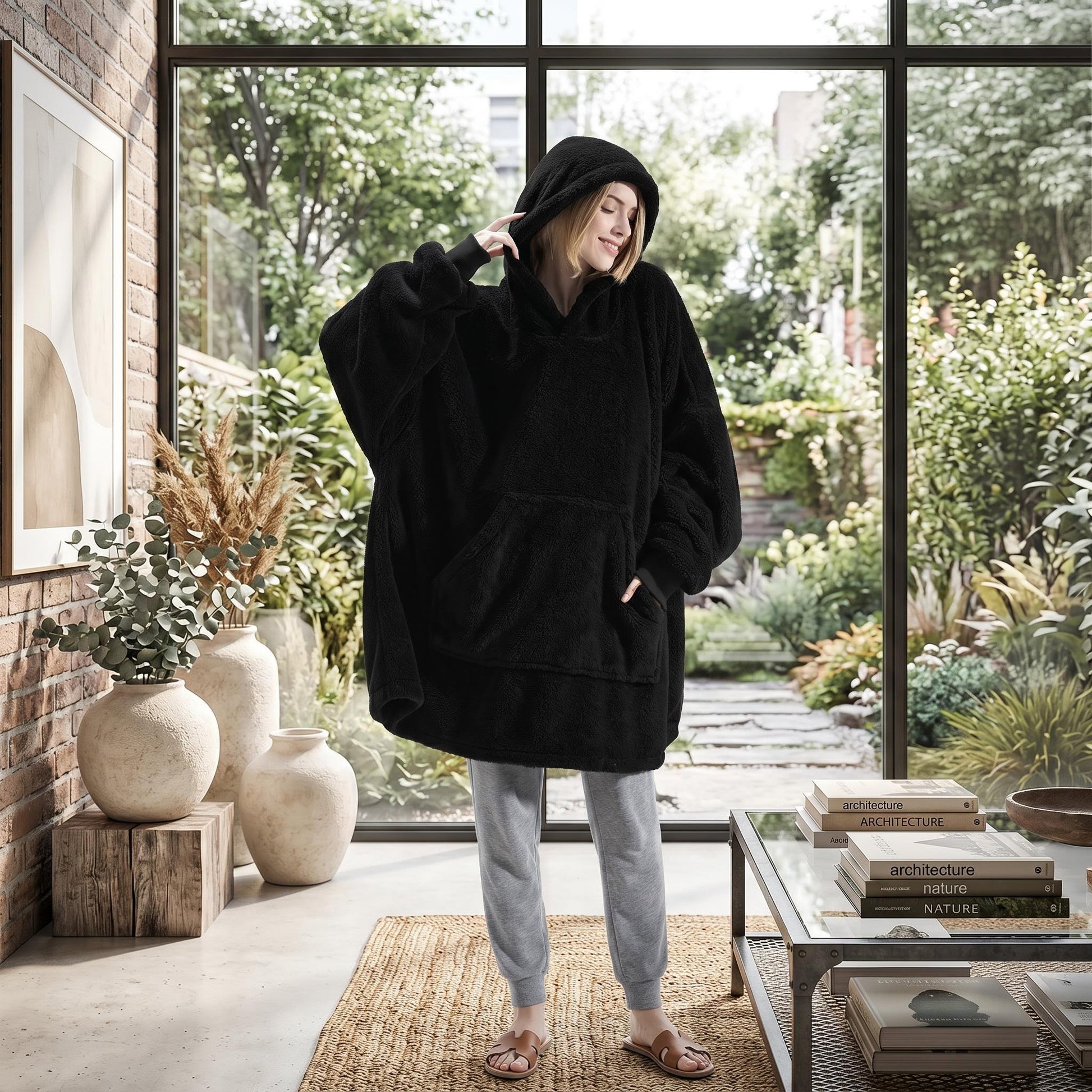 Woman in a black, oversized double fleece hooded jacket with a large front pocket, paired with grey sweatpants.