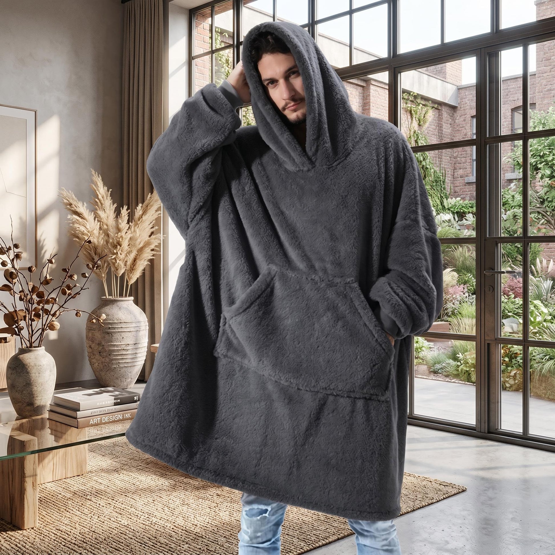 Man wearing a charcoal gray, oversized double fleece hooded jacket with a large front pocket.