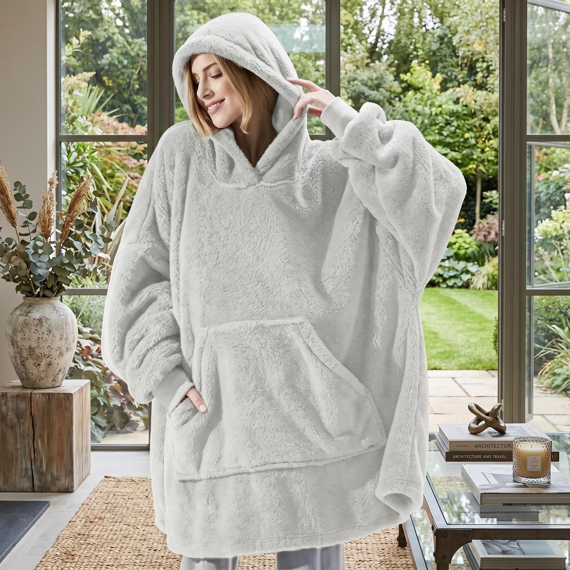 Woman in an oversized light grey double fleece hooded jacket with a large front pocket, smiling indoors.