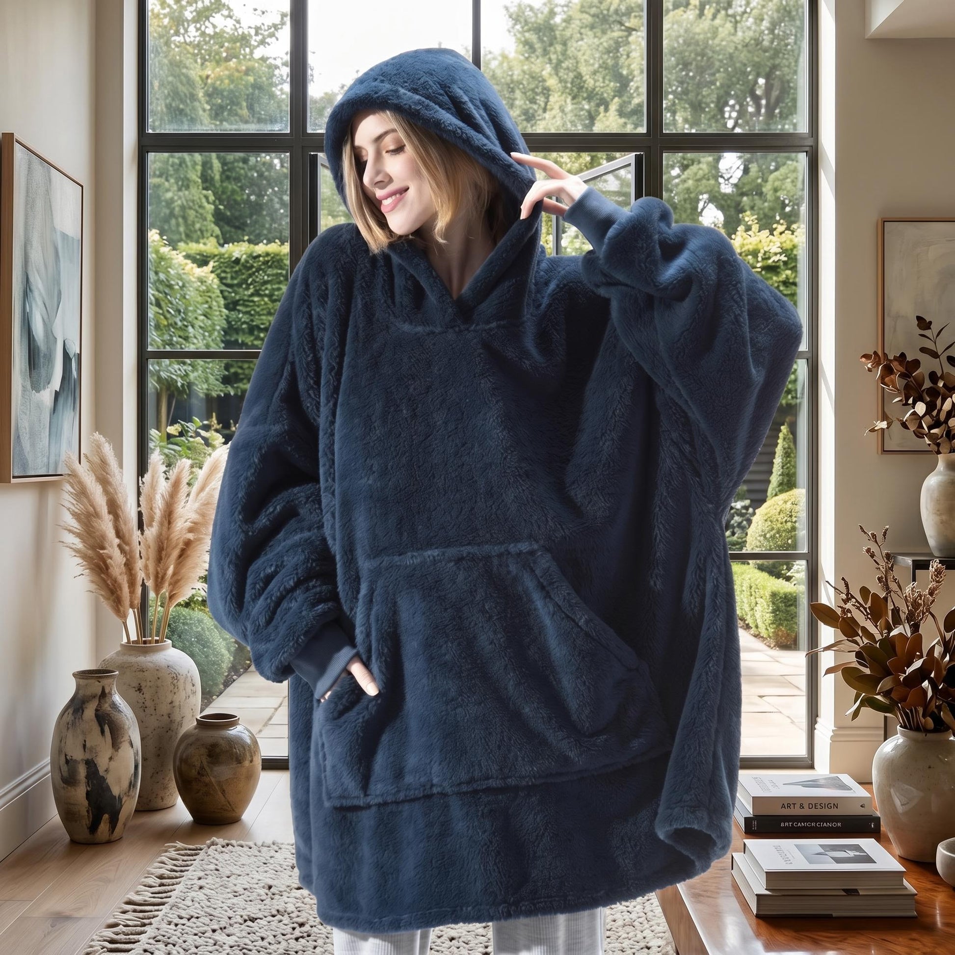 Woman in an oversized navy blue double fleece hooded pullover jacket with a large front pocket.