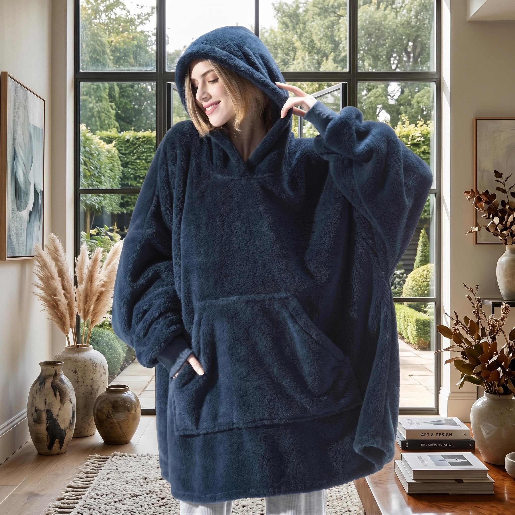 Woman in an oversized navy blue double fleece hooded pullover jacket with a large front pocket.