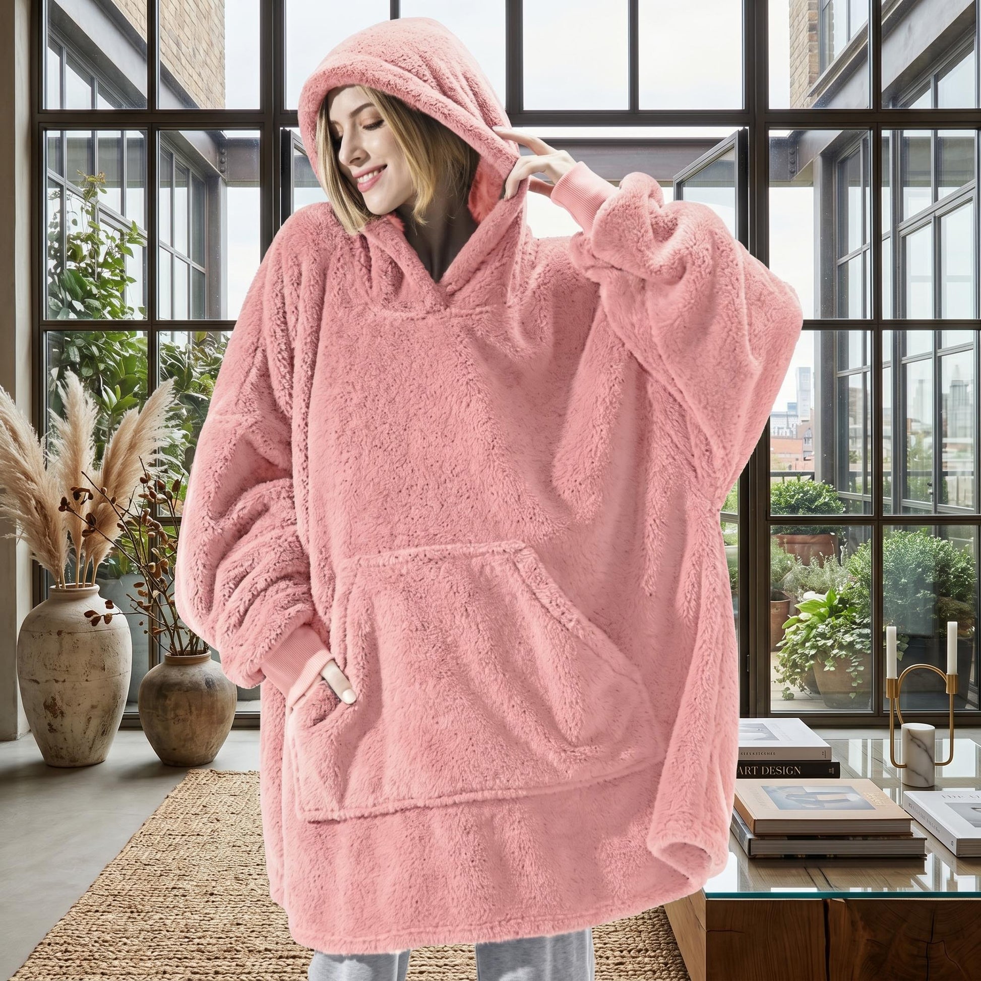 Smiling woman in a cozy, oversized pink double fleece hooded jacket with a large front pocket.