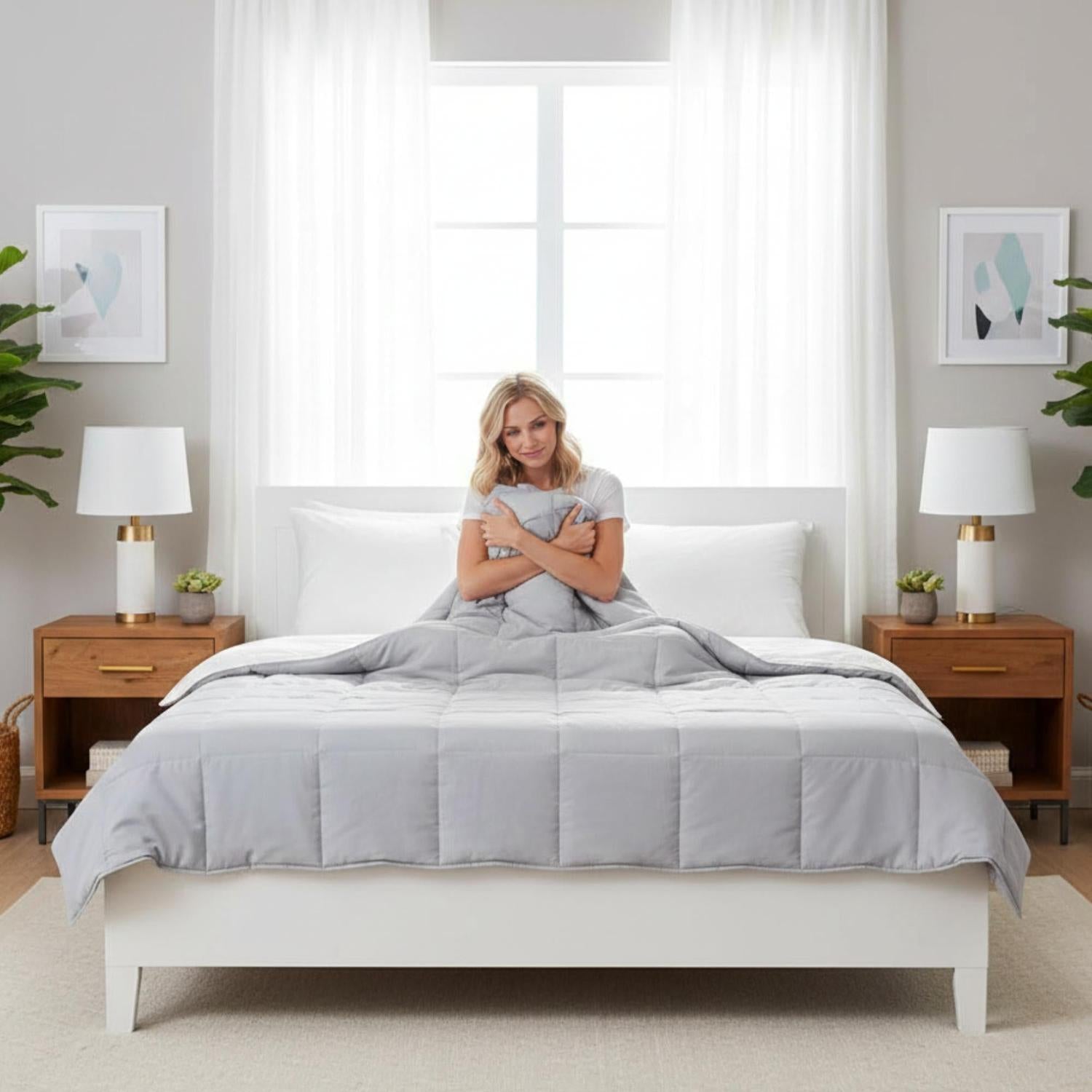 Blonde woman on a white bed, hugging a light gray quilted down alternative blanket.