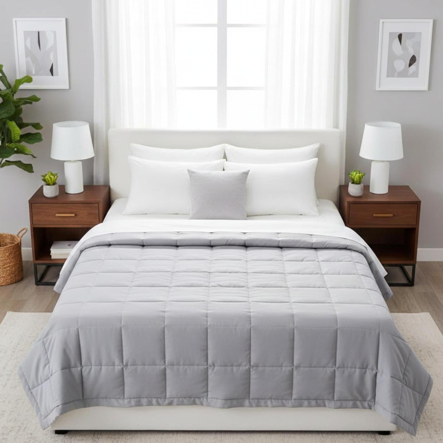 Light gray down alternative blanket quilt with embroidered square pattern on a bed.