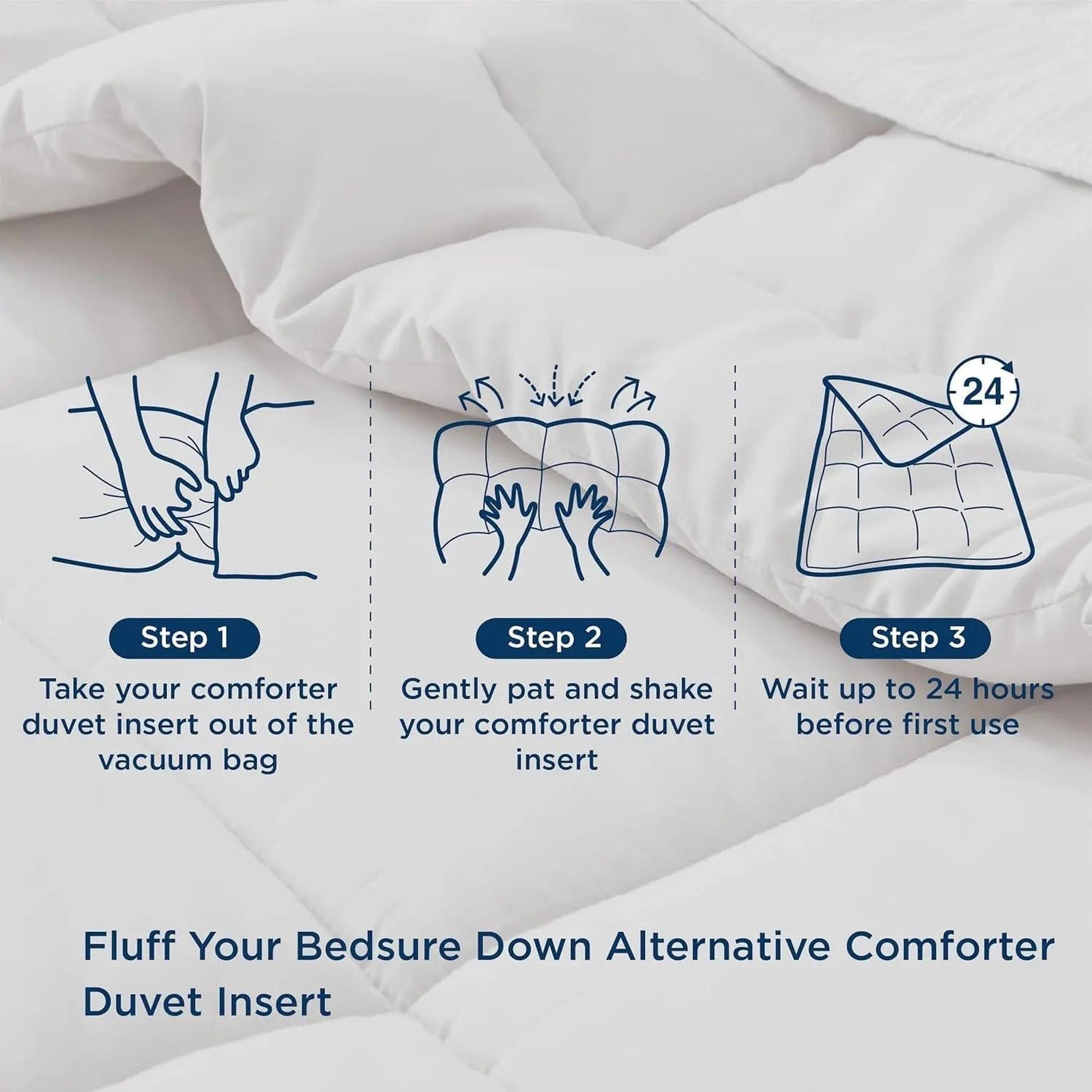 White down alternative comforter with box stitch design, showing fluffing instructions.