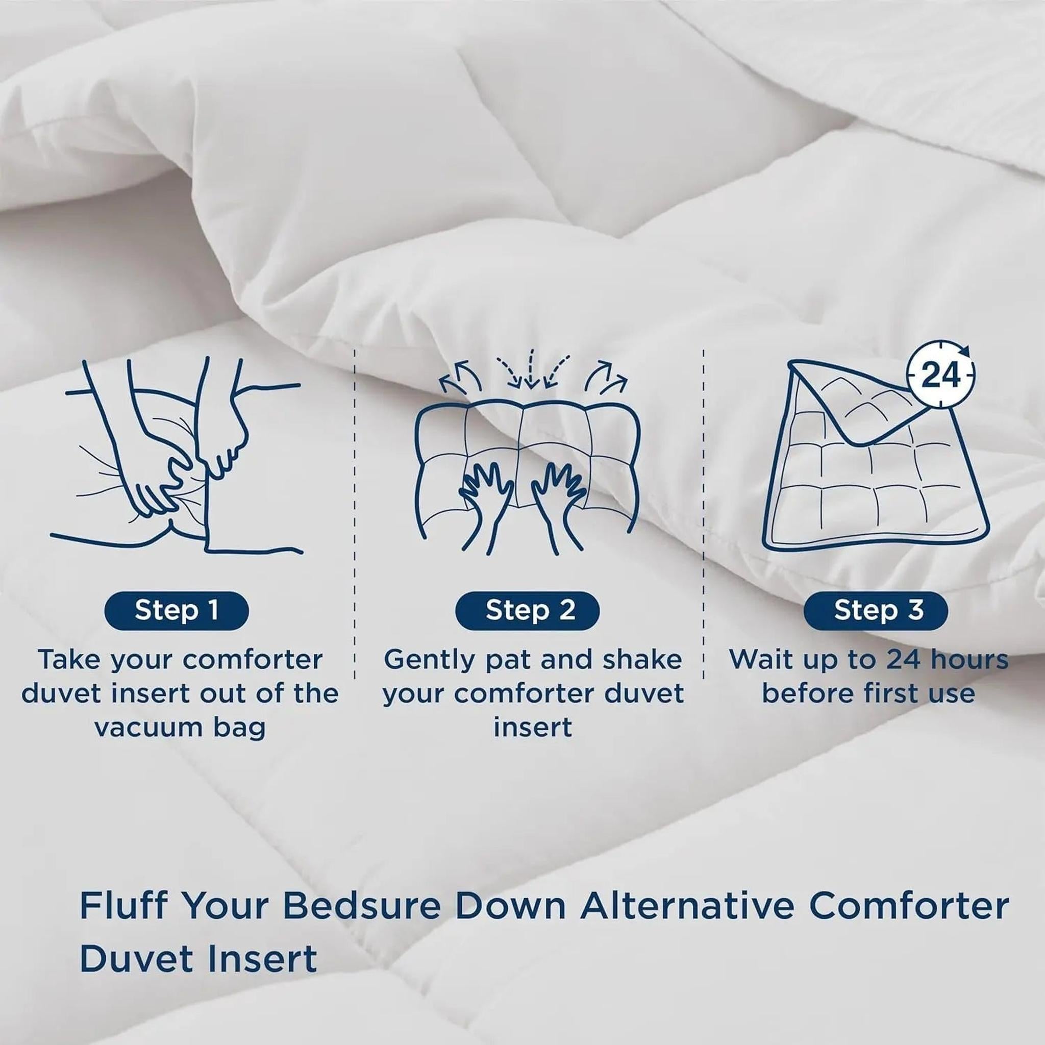 White down alternative comforter with box stitch design, showing fluffing instructions.