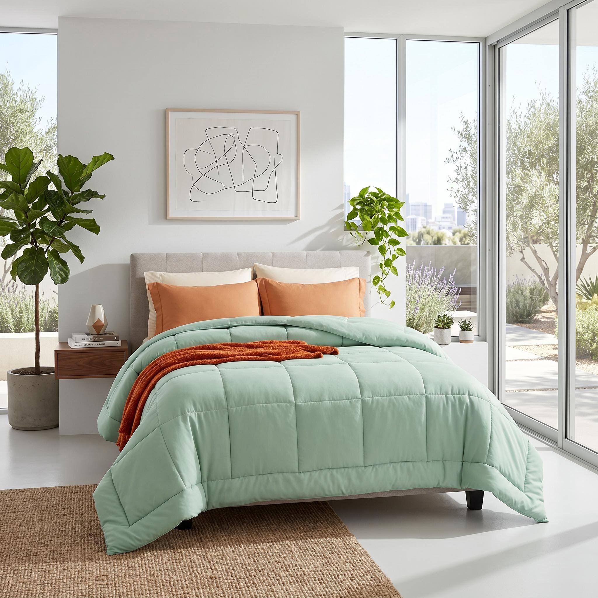 Light green down alternative comforter with box stitch design on a bed with orange pillows and throw.