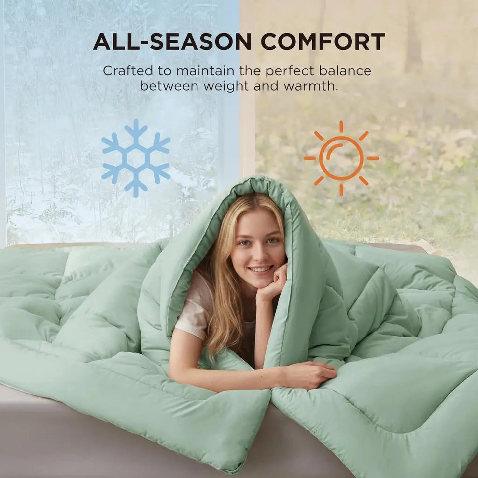 Smiling woman cozy under a light green down alternative comforter with box stitch design, showing all-season comfort.