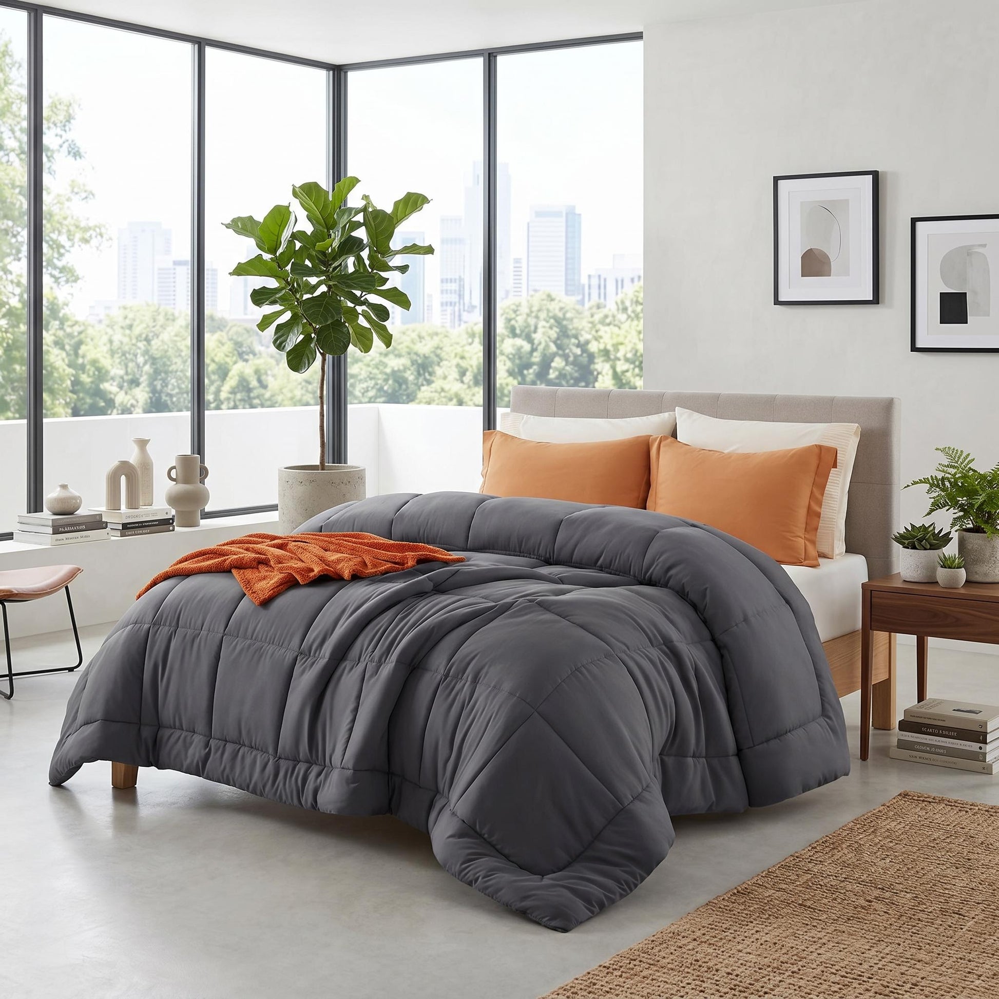 Gray down alternative comforter with box stitch design on a bed with orange pillows and throw.