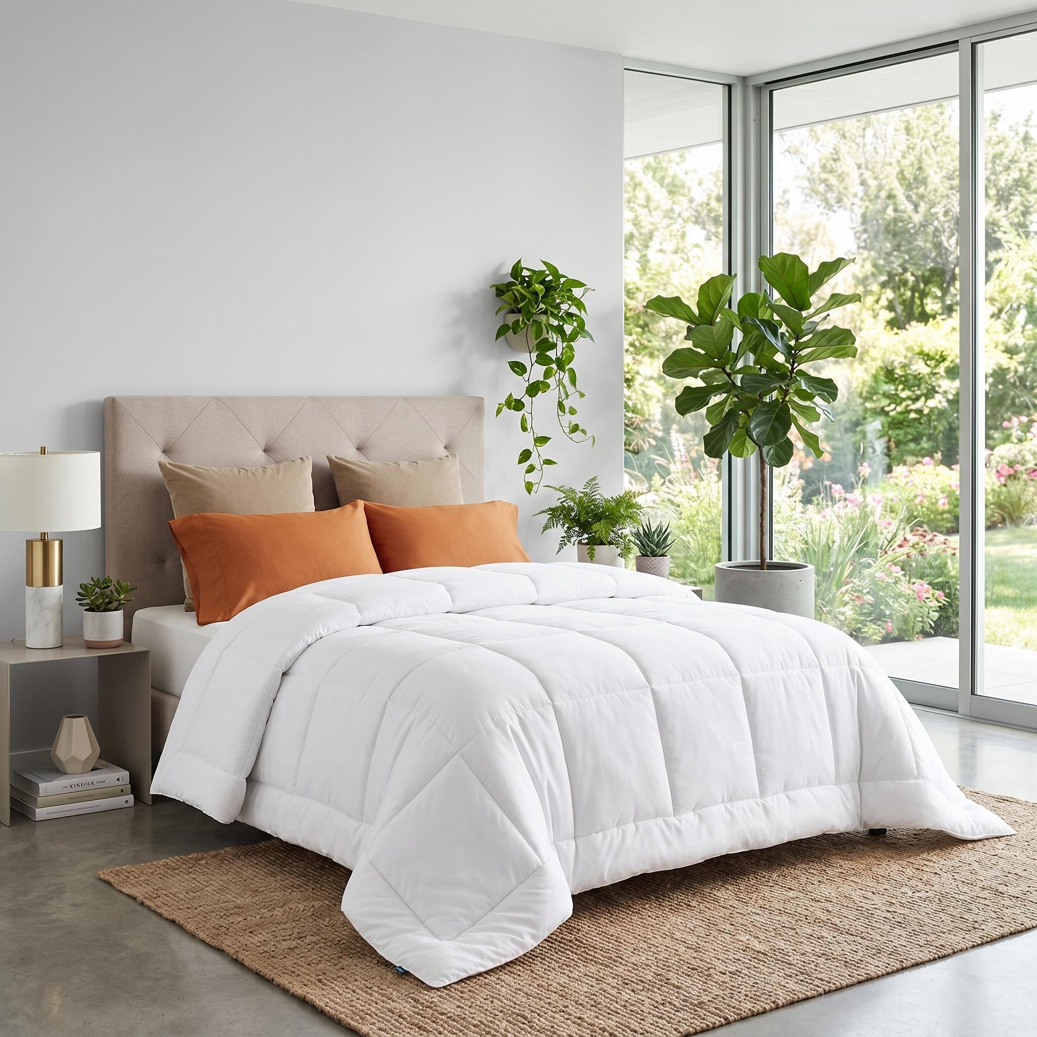 White down alternative comforter with box stitch design on a bed with orange and tan pillows.