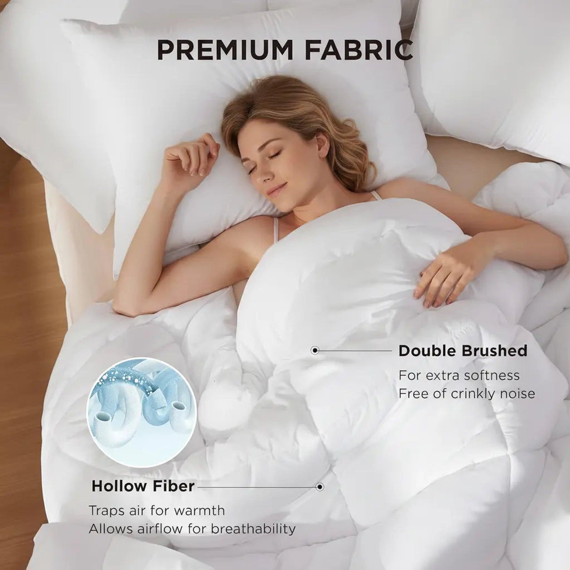 Woman sleeping peacefully under a white, fluffy down alternative comforter with box stitch design.