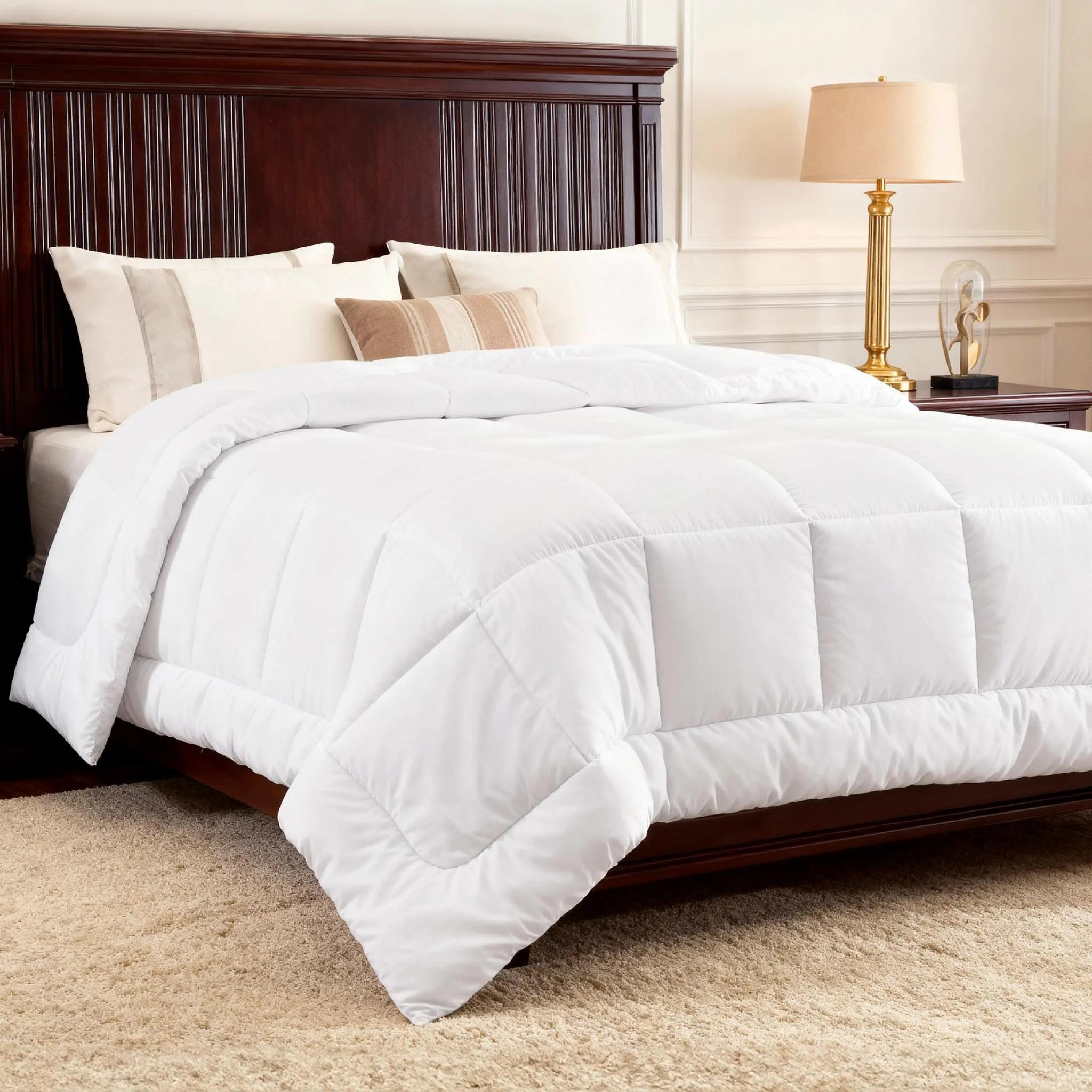 White down alternative comforter with box stitch design on a dark wood bed.