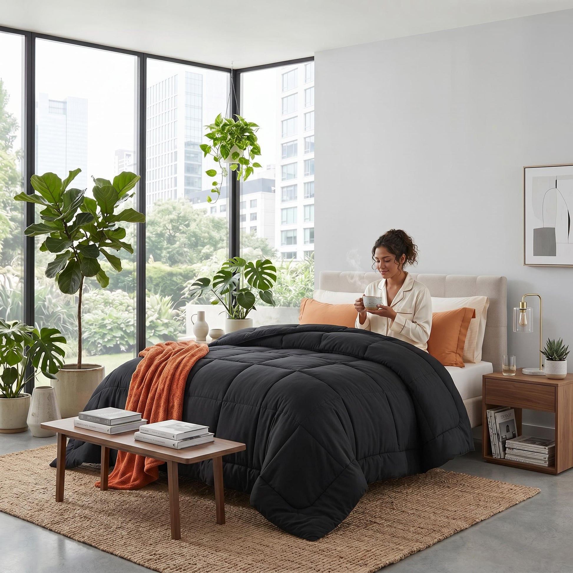 Black down alternative comforter with box stitch design on a bed, with a woman holding a mug.