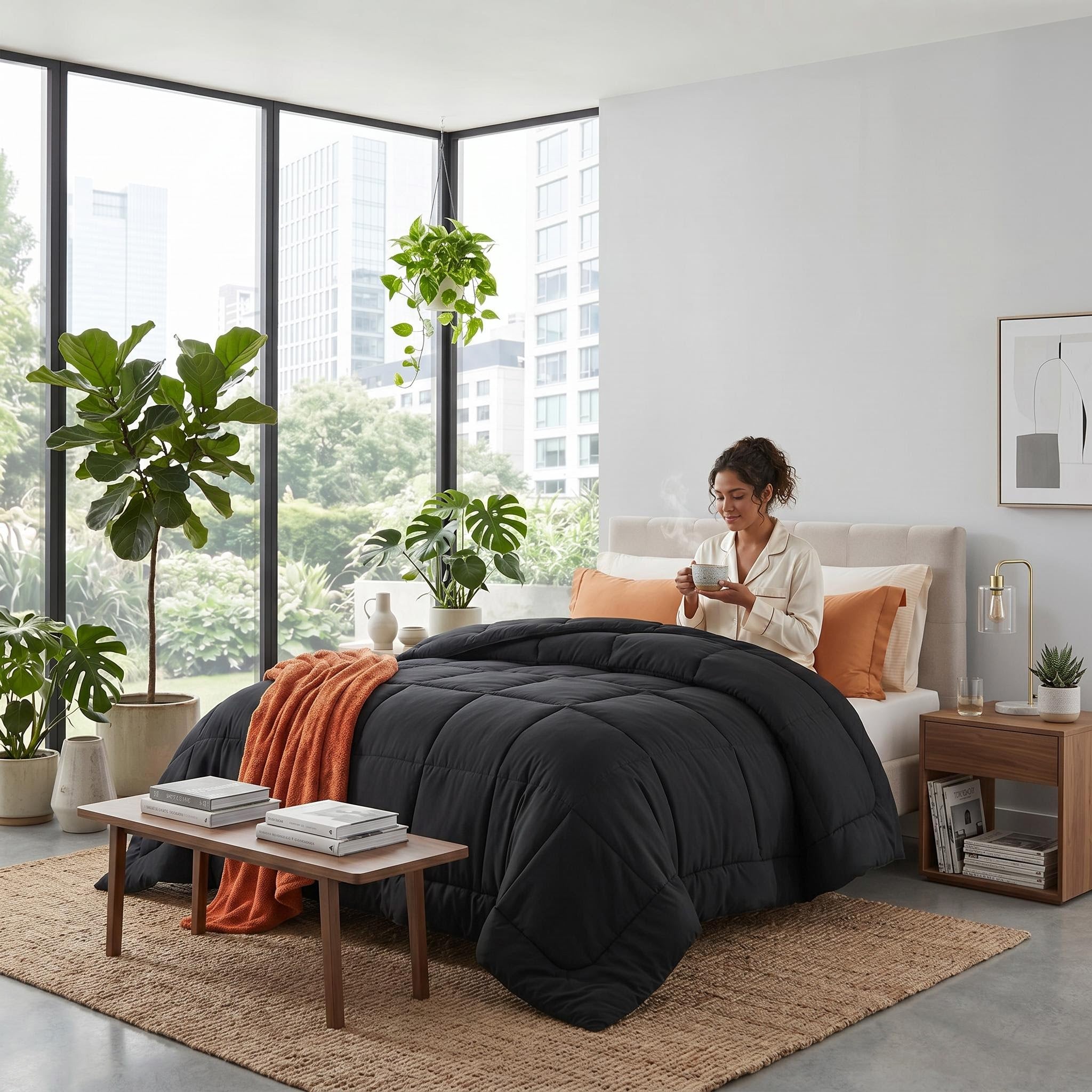 Black down alternative comforter with box stitch design on a bed, with a woman holding a mug.