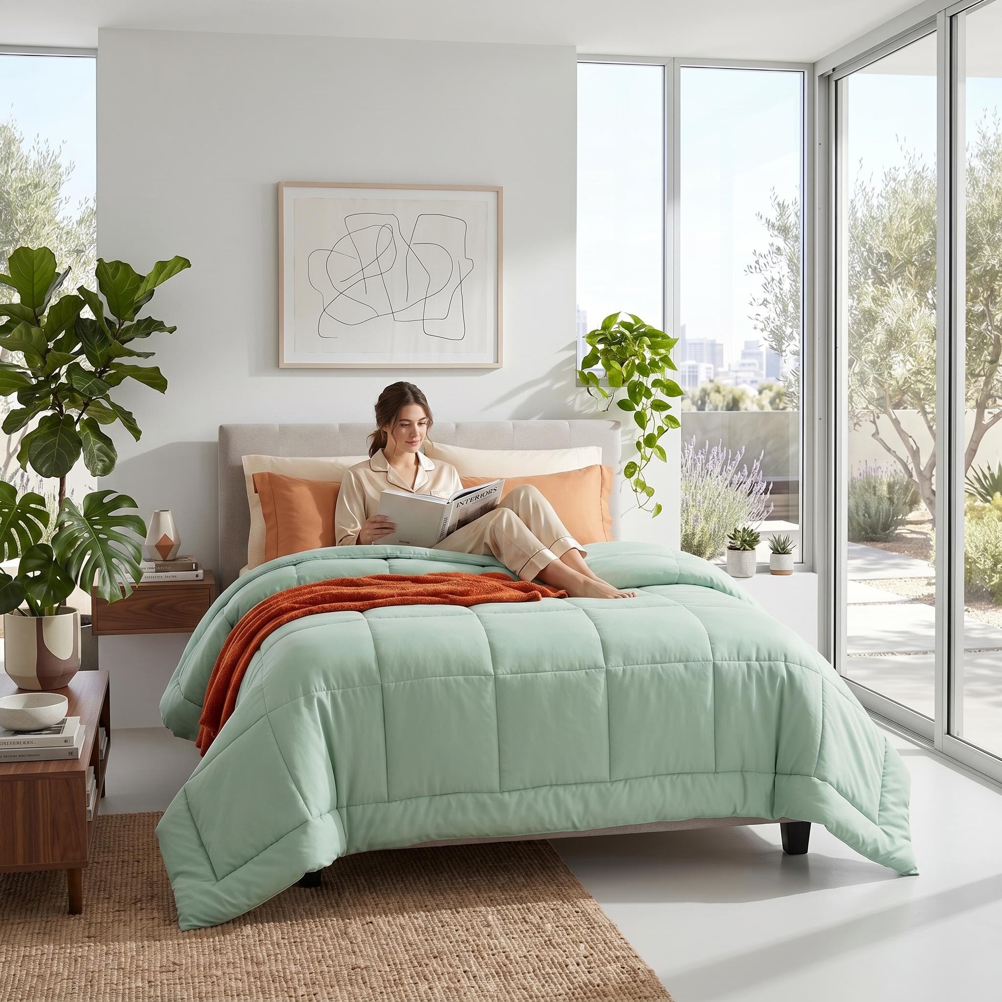 Woman relaxing on a bed with a mint green down alternative comforter, orange throw, and pillows.