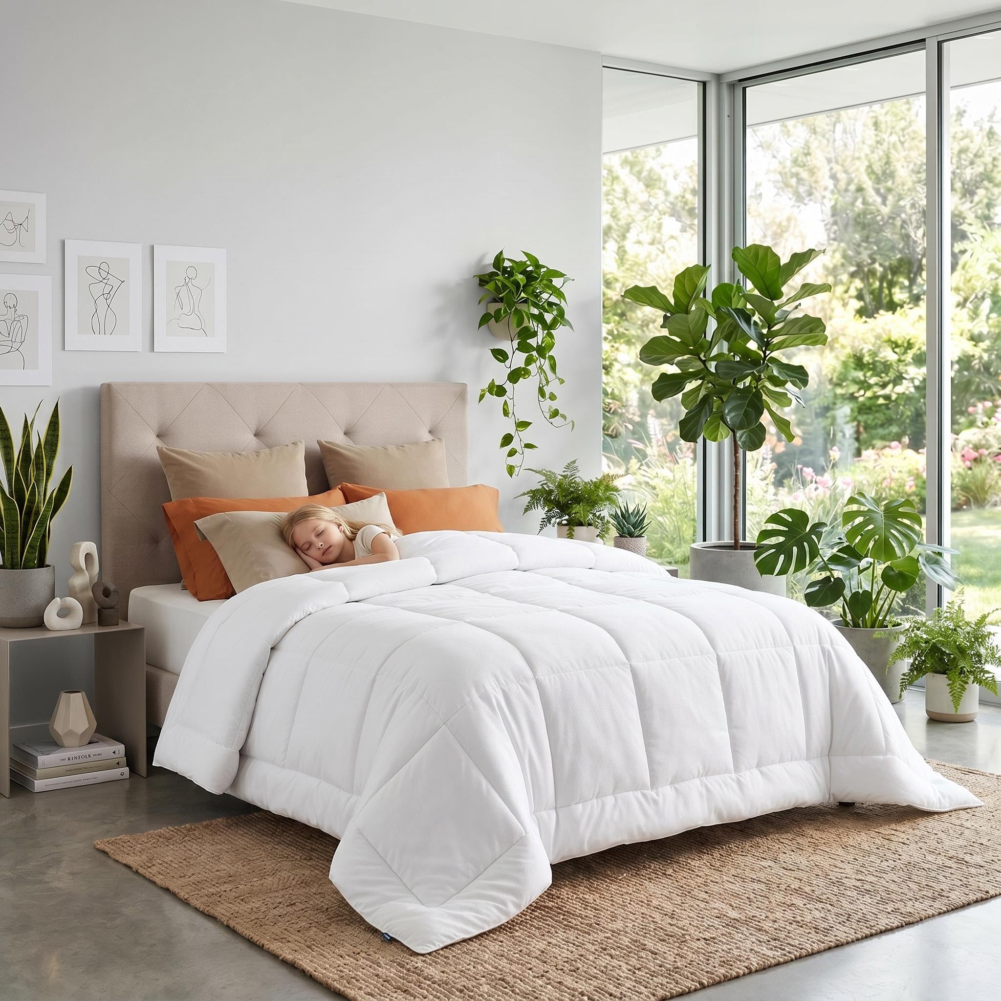 White down alternative comforter with box stitch design on a bed with a sleeping child.
