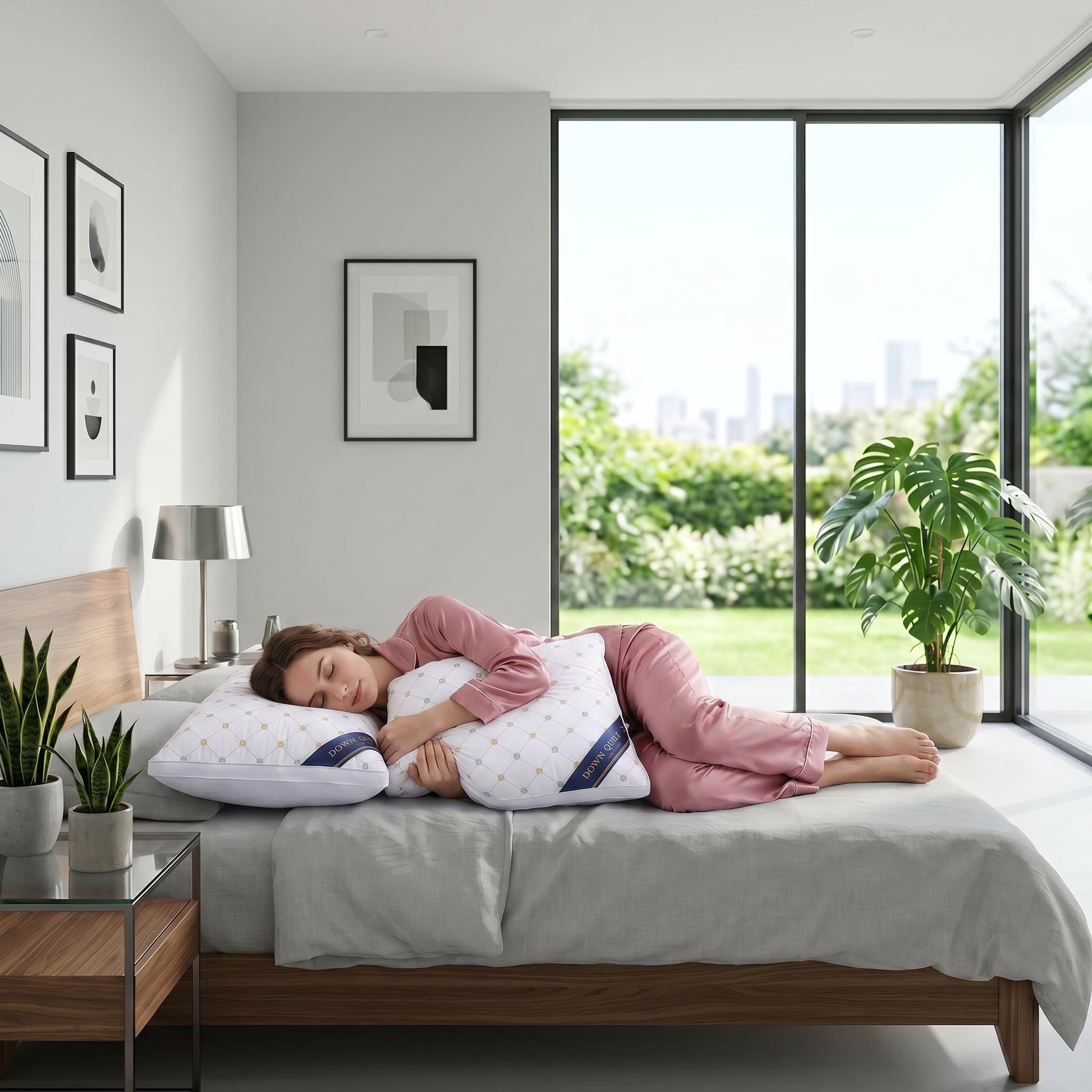 Woman sleeping peacefully on a white queen-size down alternative pillow with a patterned pillow.
