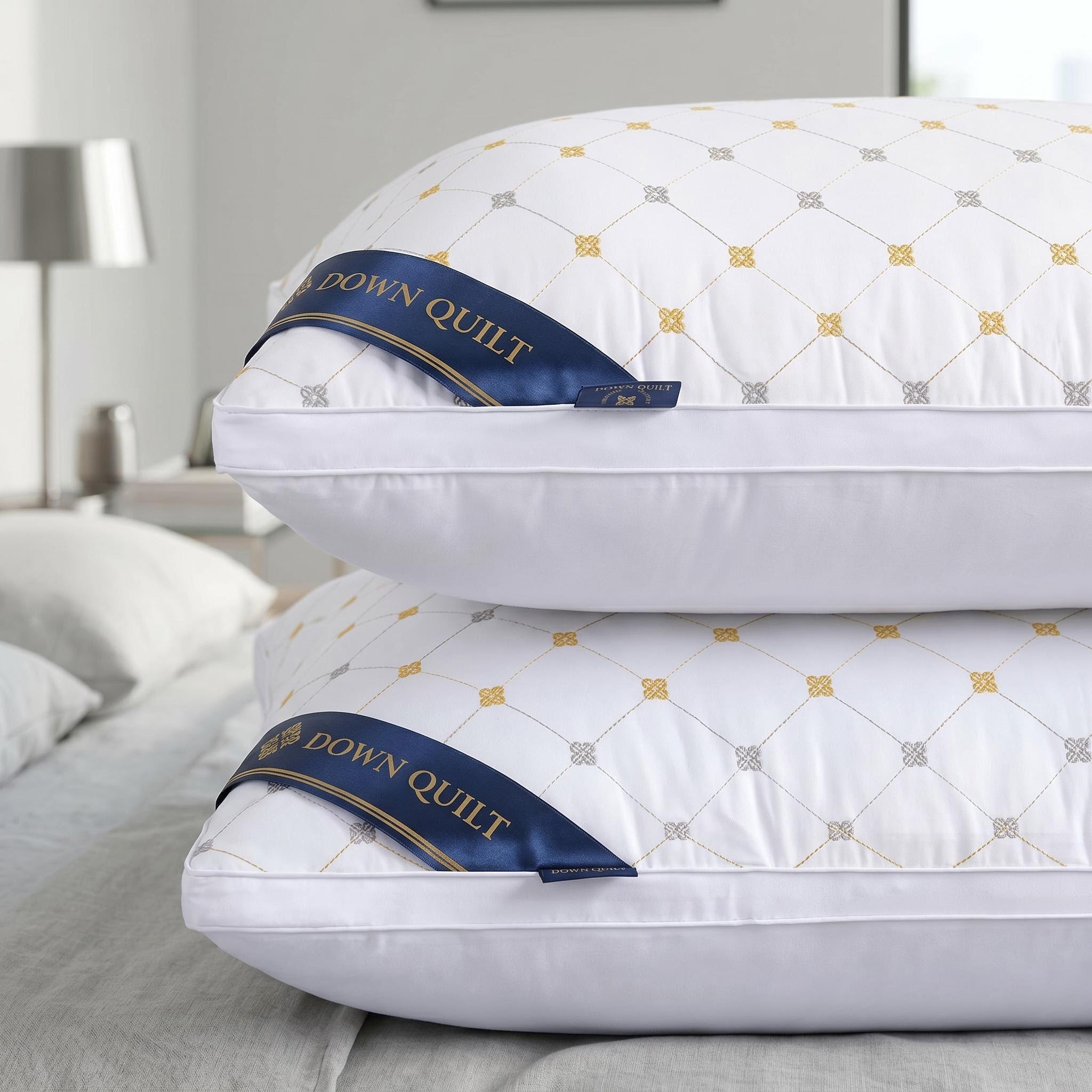 Two white queen-size down alternative pillows with quilted gold and gray patterns, stacked on a bed.