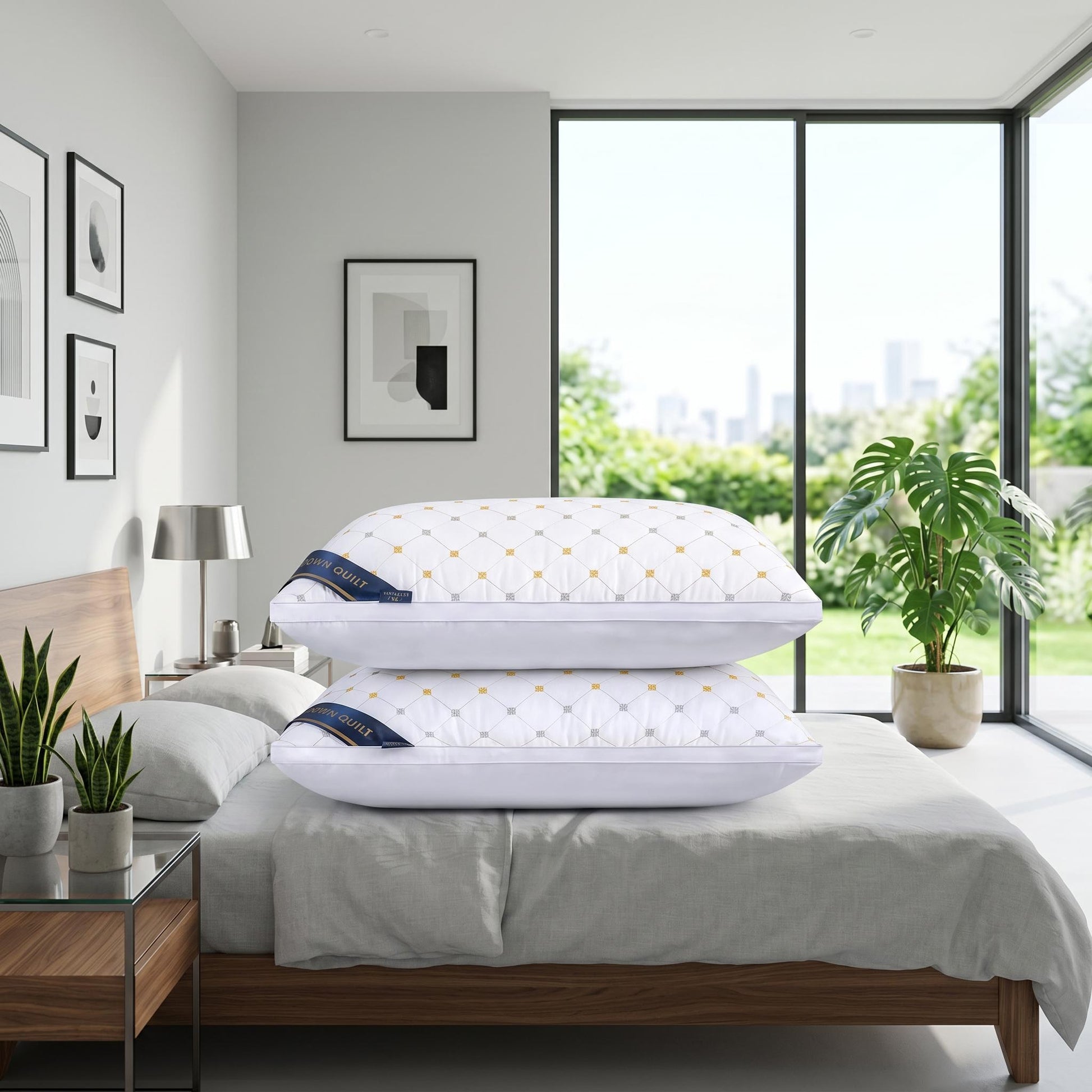 Two white queen size down alternative pillows with a subtle quilted pattern and blue label, stacked on a bed.