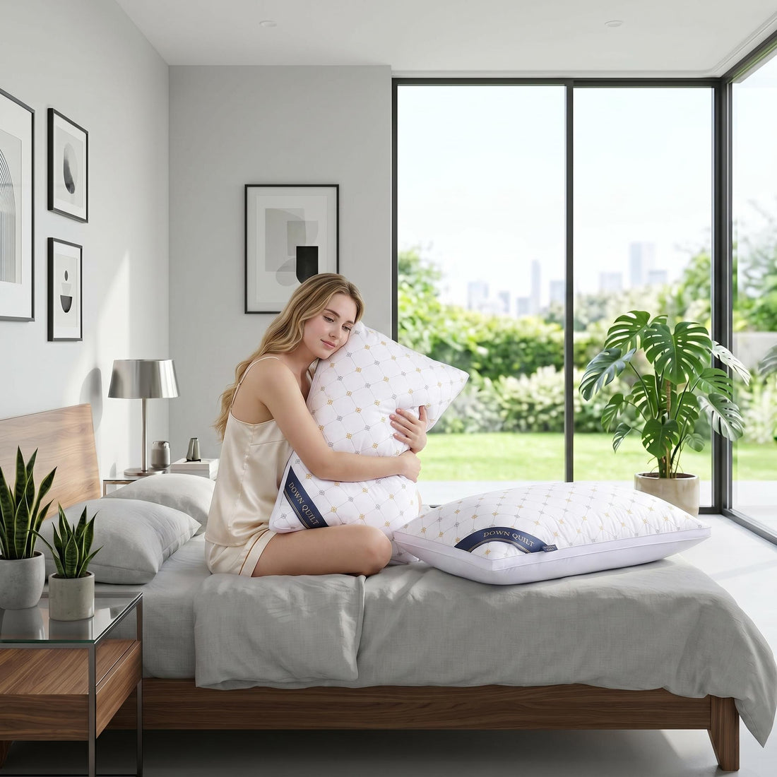 Woman in silk pajamas hugging a white queen-size down alternative pillow with gold star pattern in a modern bedroom.