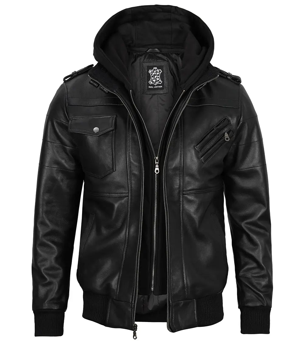 Edinburgh Black Leather Bomber Jacket with Removable Hood 0