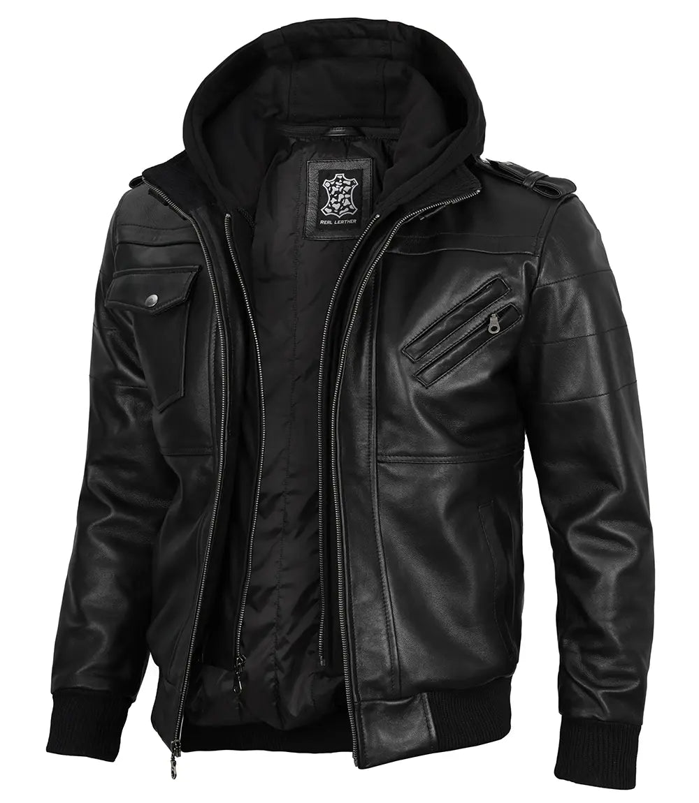 Edinburgh Black Leather Bomber Jacket with Removable Hood 1