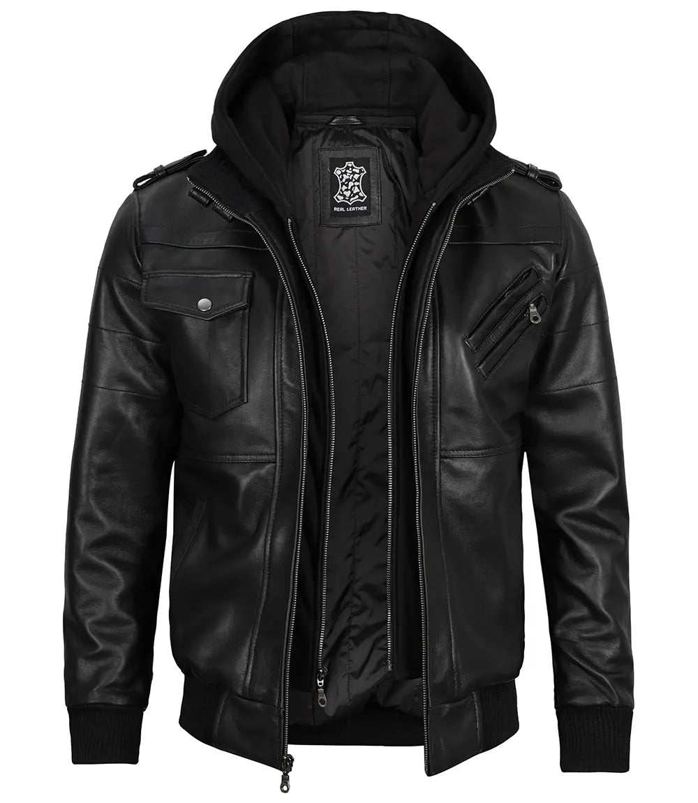 Edinburgh Black Leather Bomber Jacket with Removable Hood 2