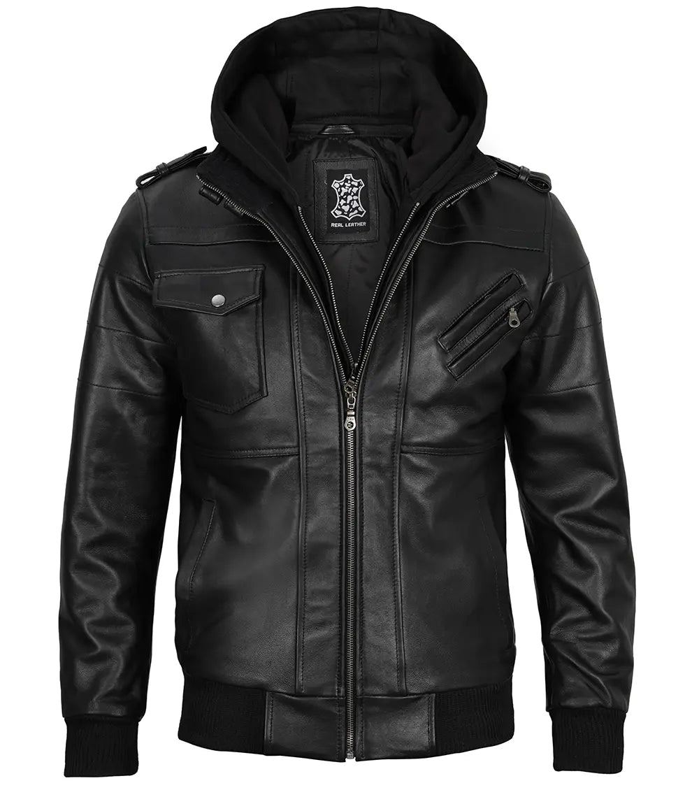 Edinburgh Black Leather Bomber Jacket with Removable Hood 3