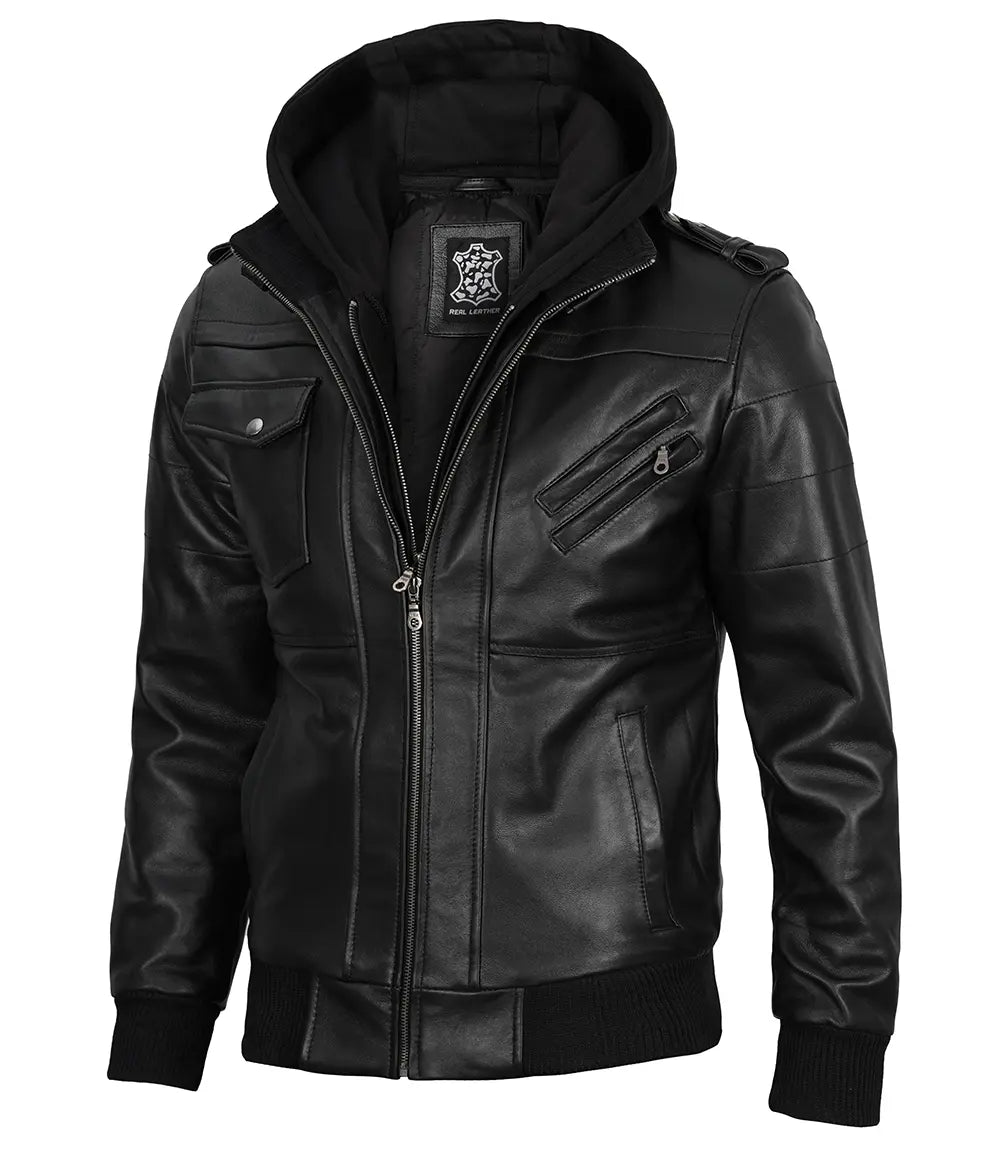 Edinburgh Black Leather Bomber Jacket with Removable Hood 4