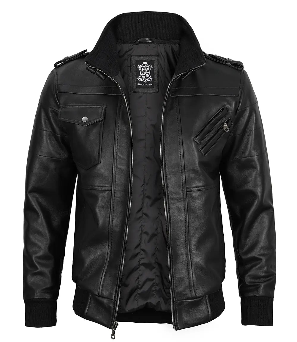 Edinburgh Black Leather Bomber Jacket with Removable Hood 5
