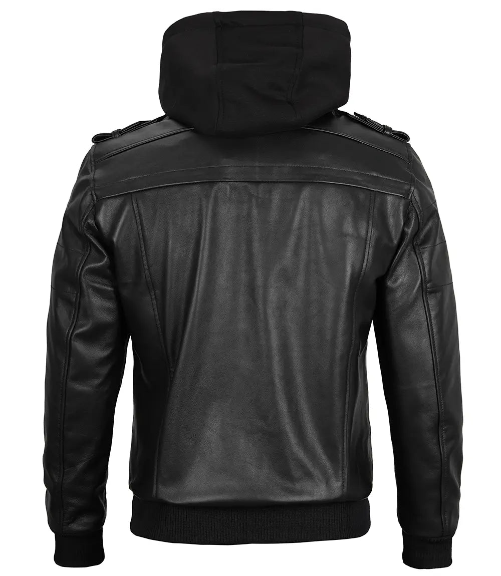 Edinburgh Black Leather Bomber Jacket with Removable Hood 6