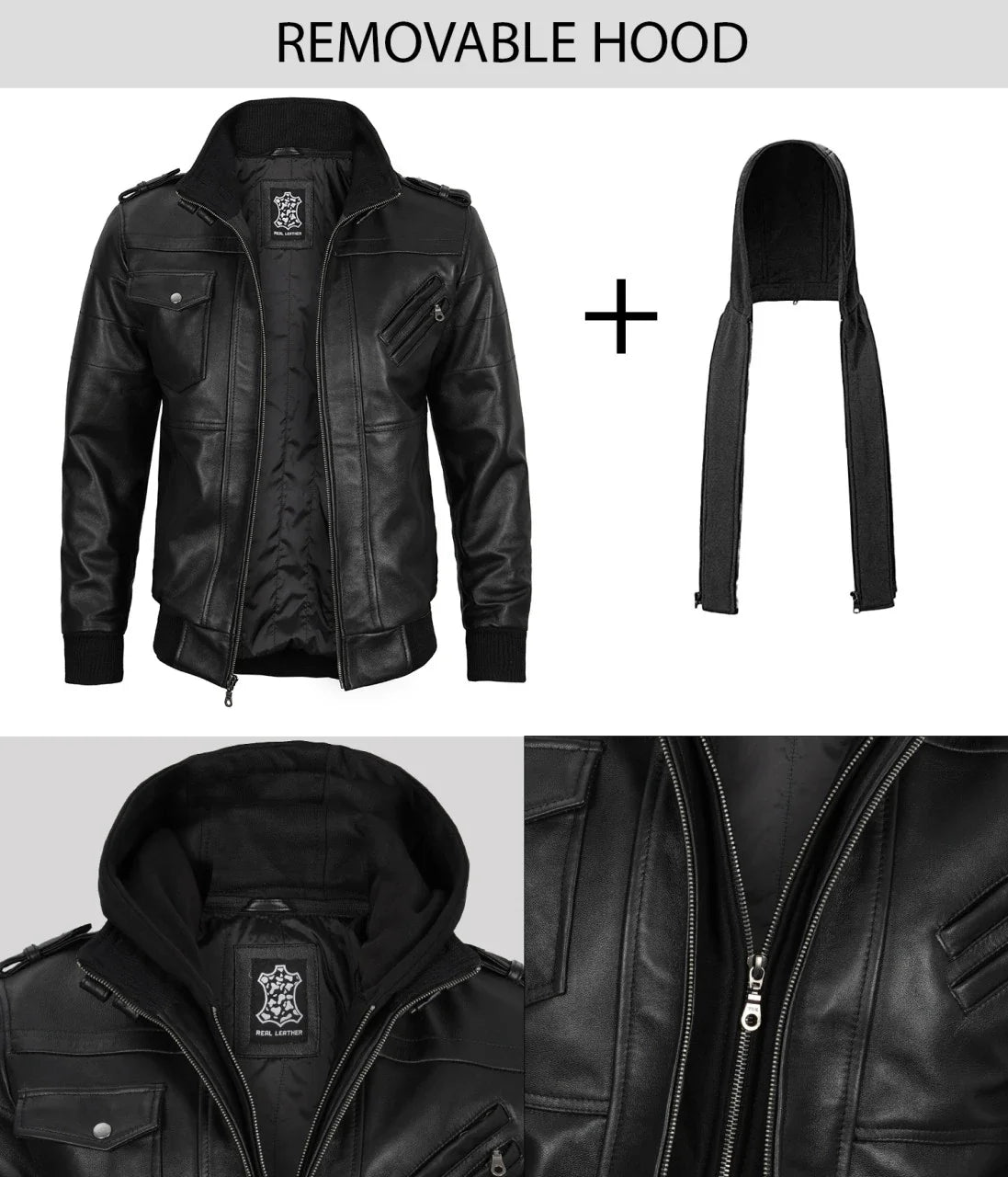 Edinburgh Black Leather Bomber Jacket with Removable Hood 7