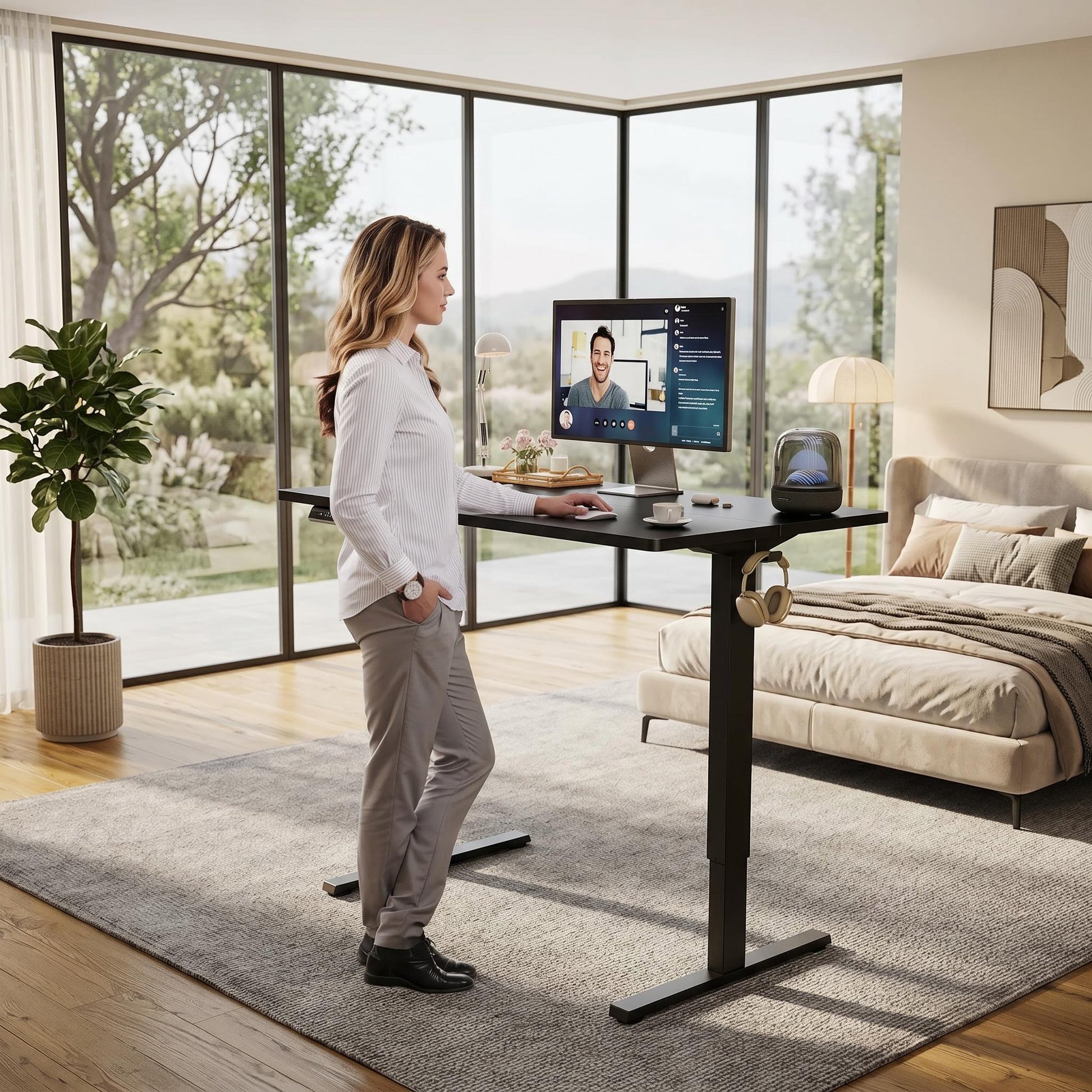 Woman standing at a black electric adjustable height desk with a monitor in a modern bedroom.