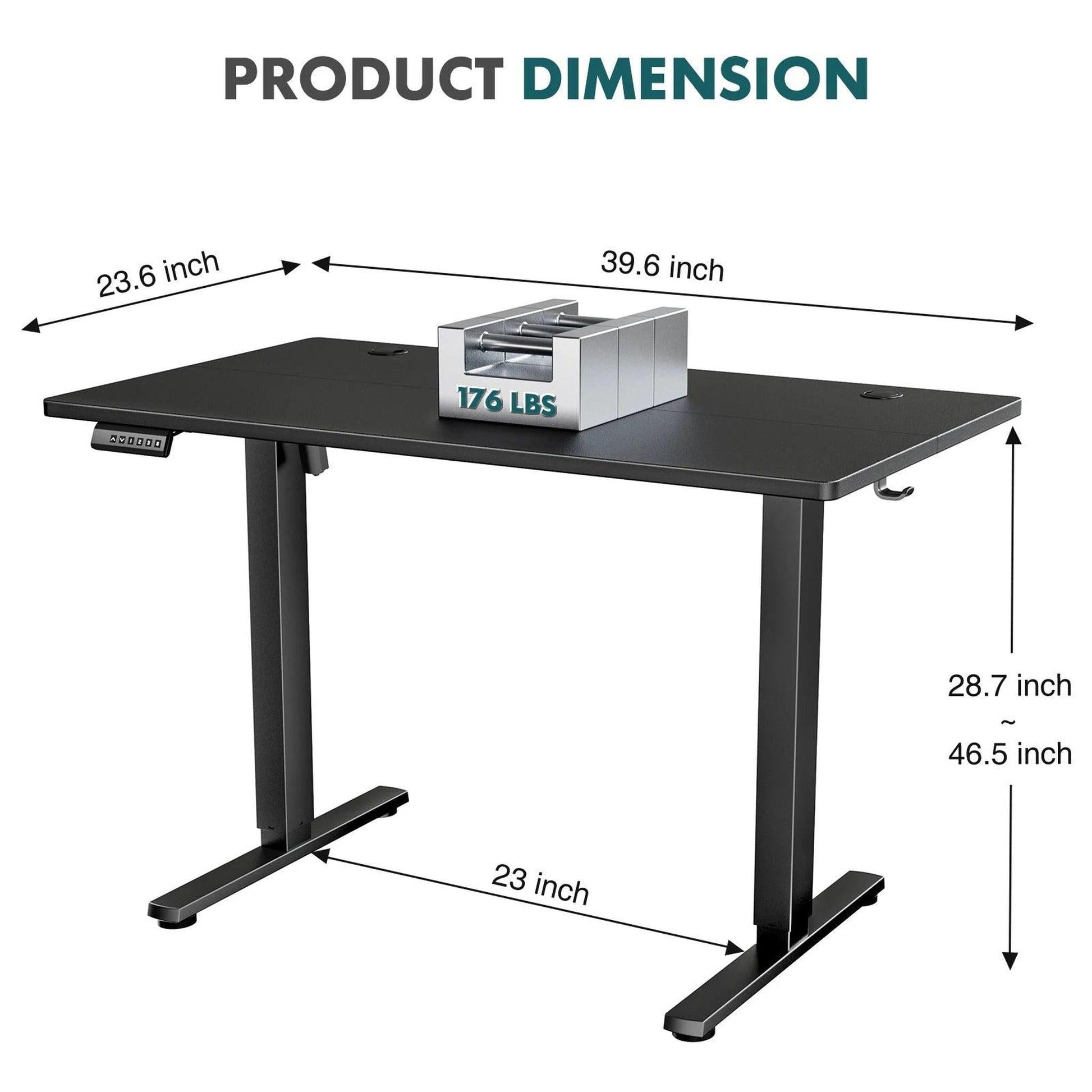 Black electric adjustable standing desk with dimensions and 176 lbs weight capacity.