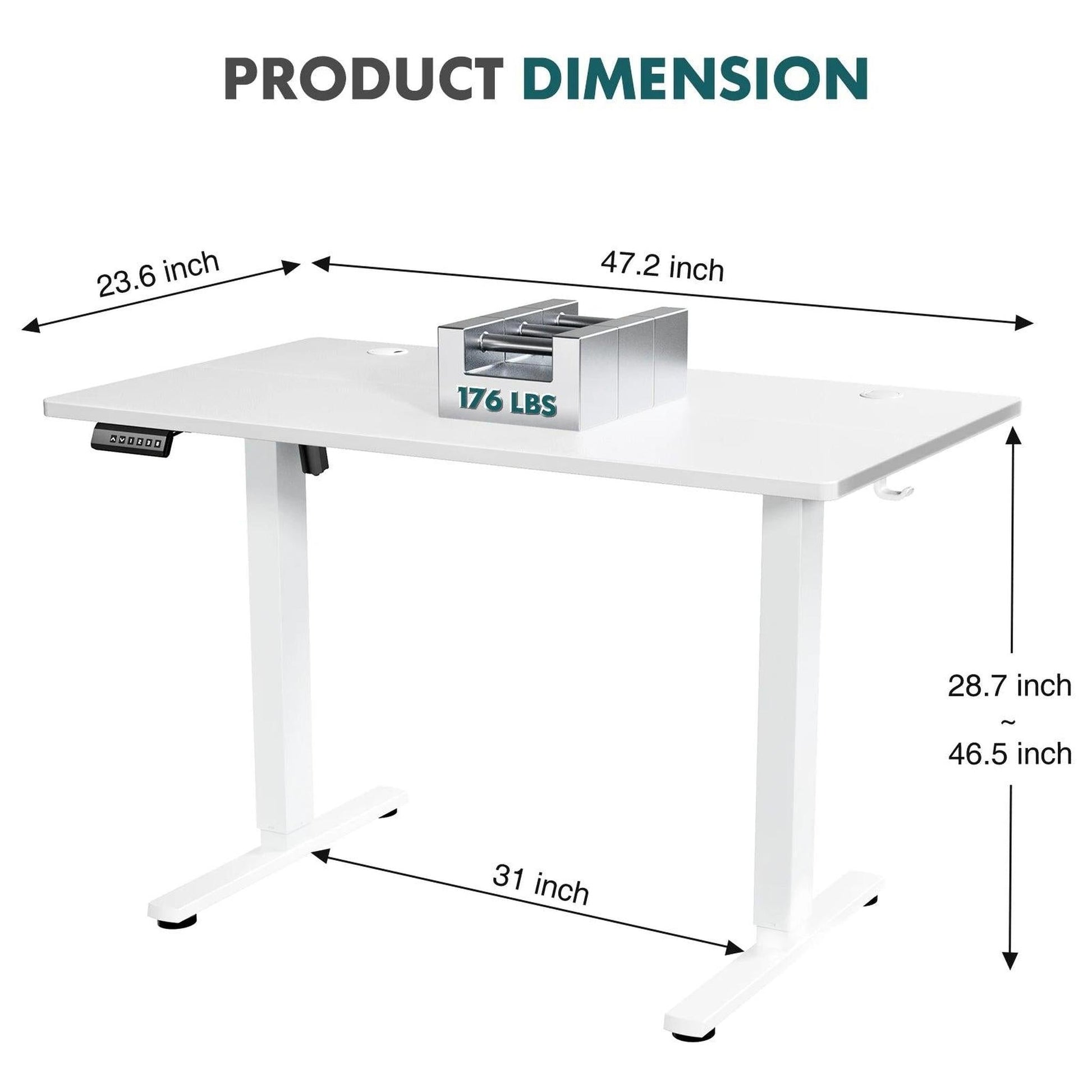 White electric standing desk dimensions diagram showing height, width, and 176 lbs weight capacity.