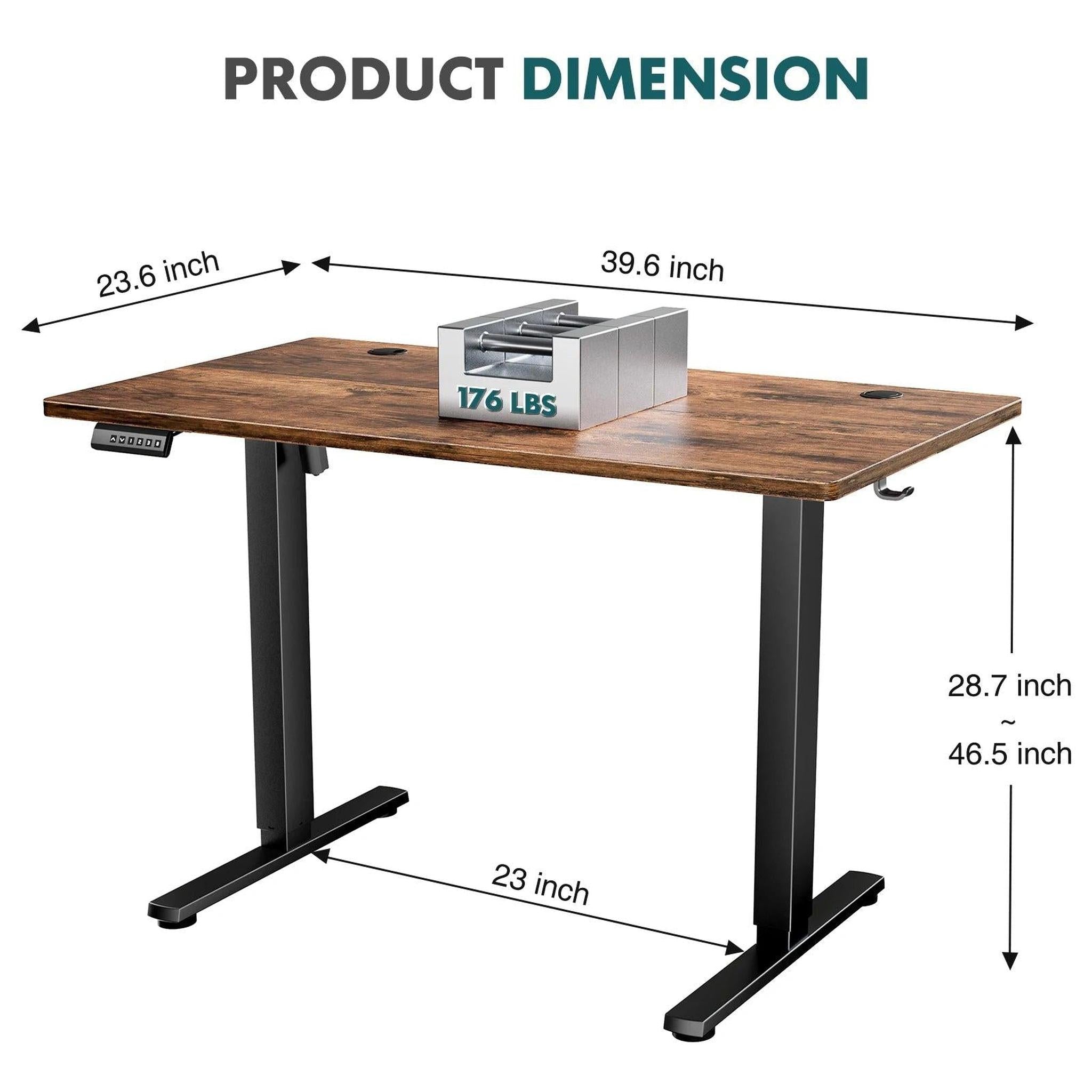 Electric adjustable standing desk with rustic brown wooden top, black T-shaped legs, and dimensions.