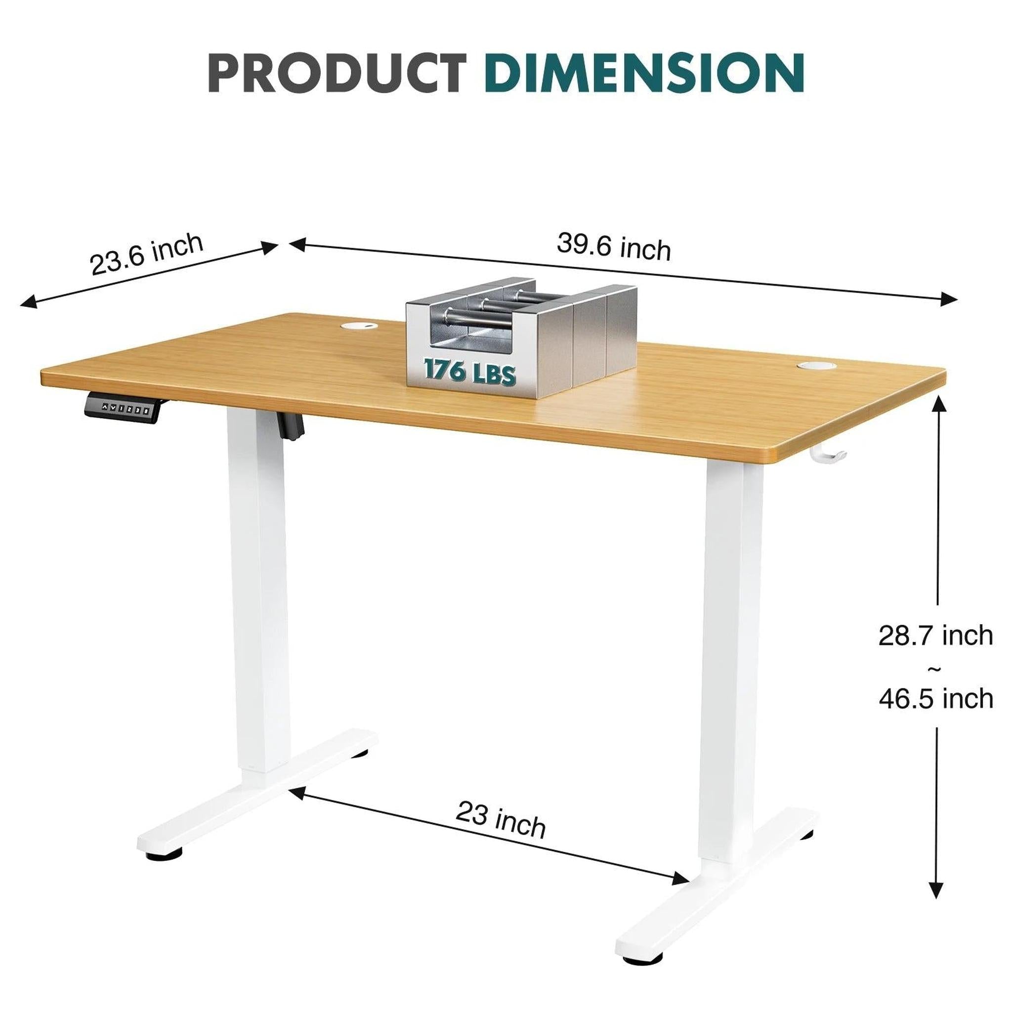 Electric adjustable standing desk with dimensions and a light wood top on a white frame.