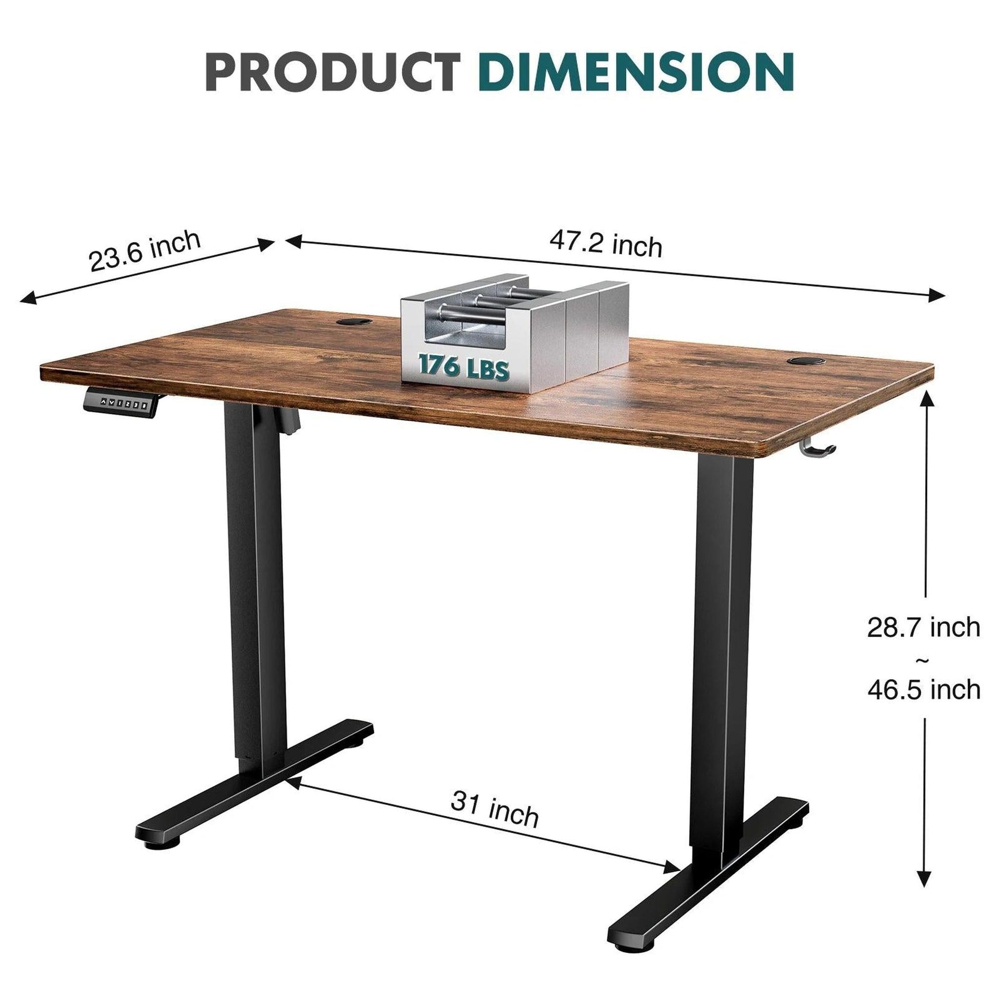 Electric standing desk with rustic brown wooden top, black T-shaped legs, and product dimensions.