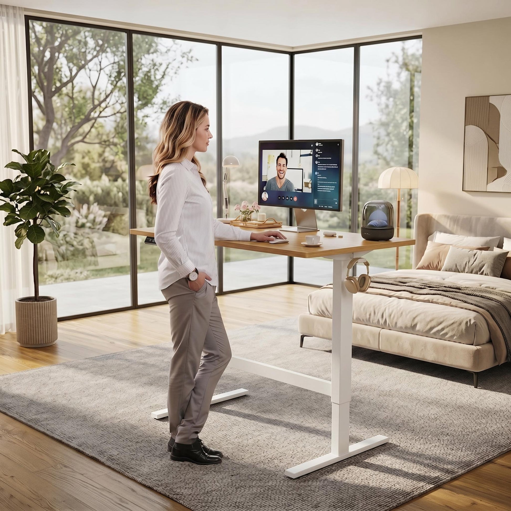 Woman using an electric adjustable standing desk with a wooden top and white frame in a modern room.