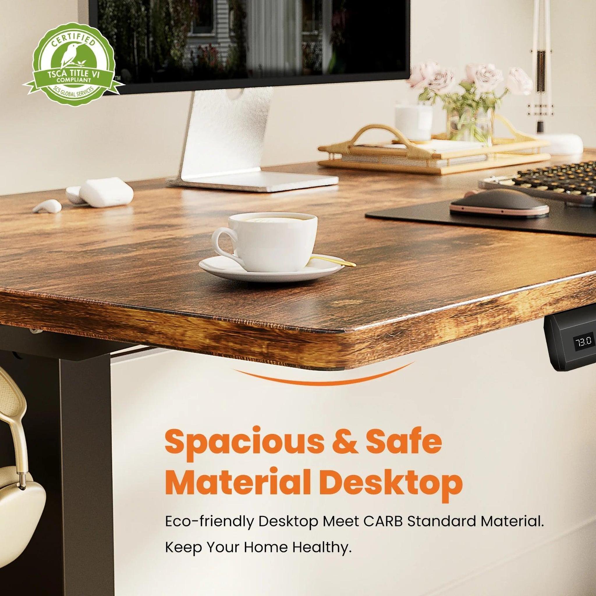Electric standing desk with a rustic brown wooden desktop and digital height display.