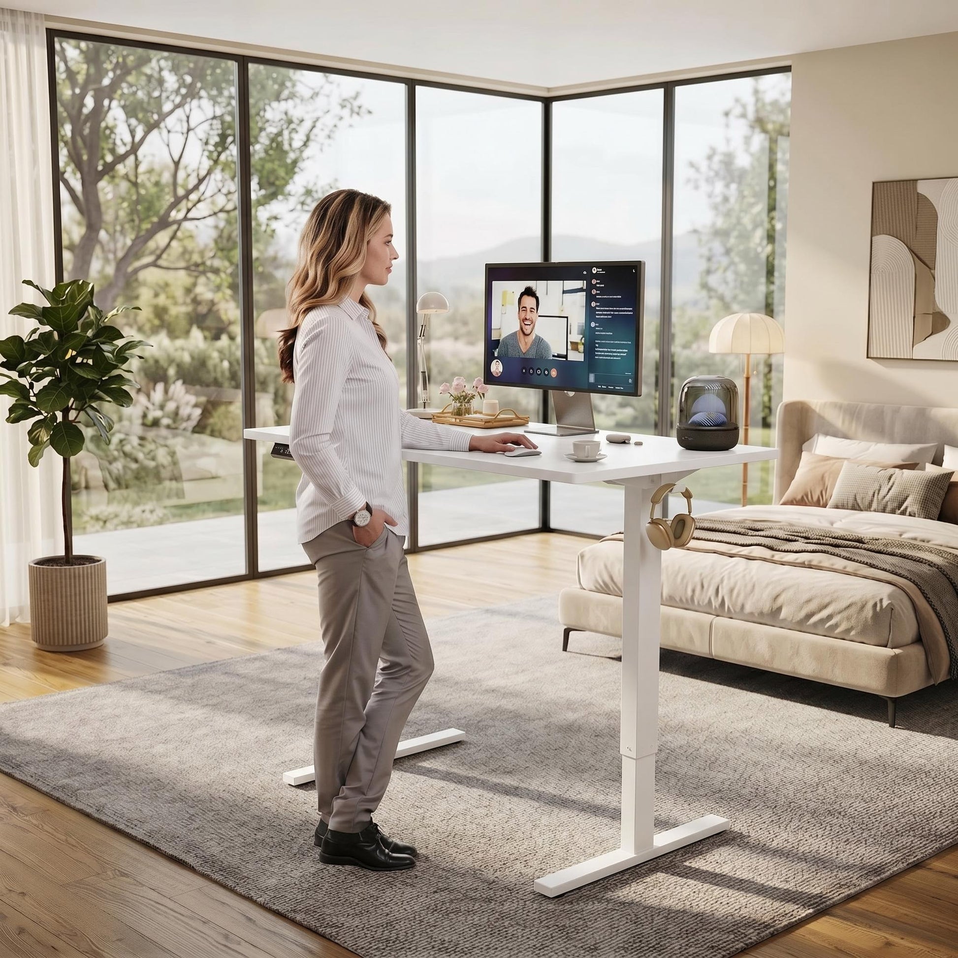 Woman using a white electric adjustable height standing desk in a modern bedroom office.