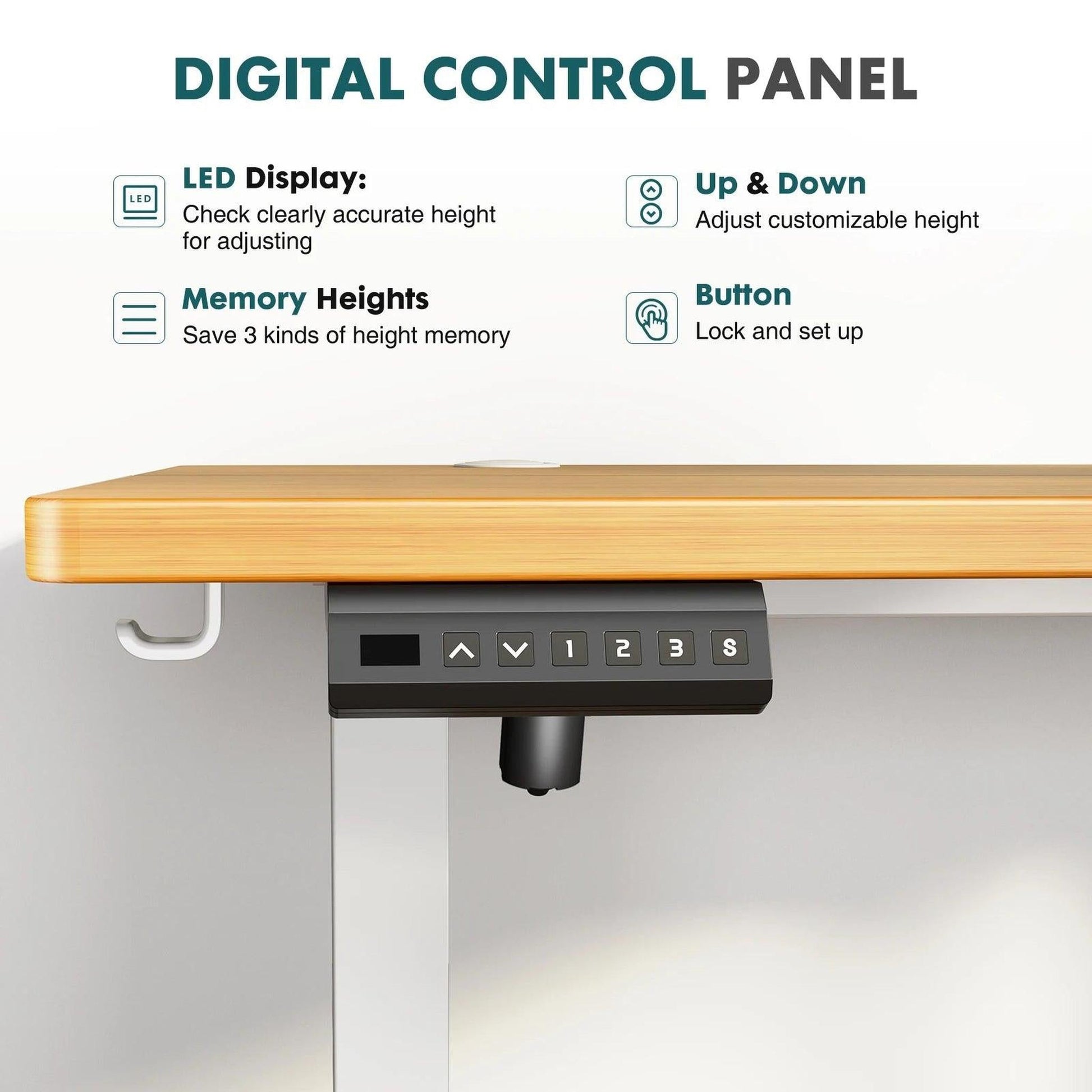 Digital control panel with memory buttons on a wooden standing desk.