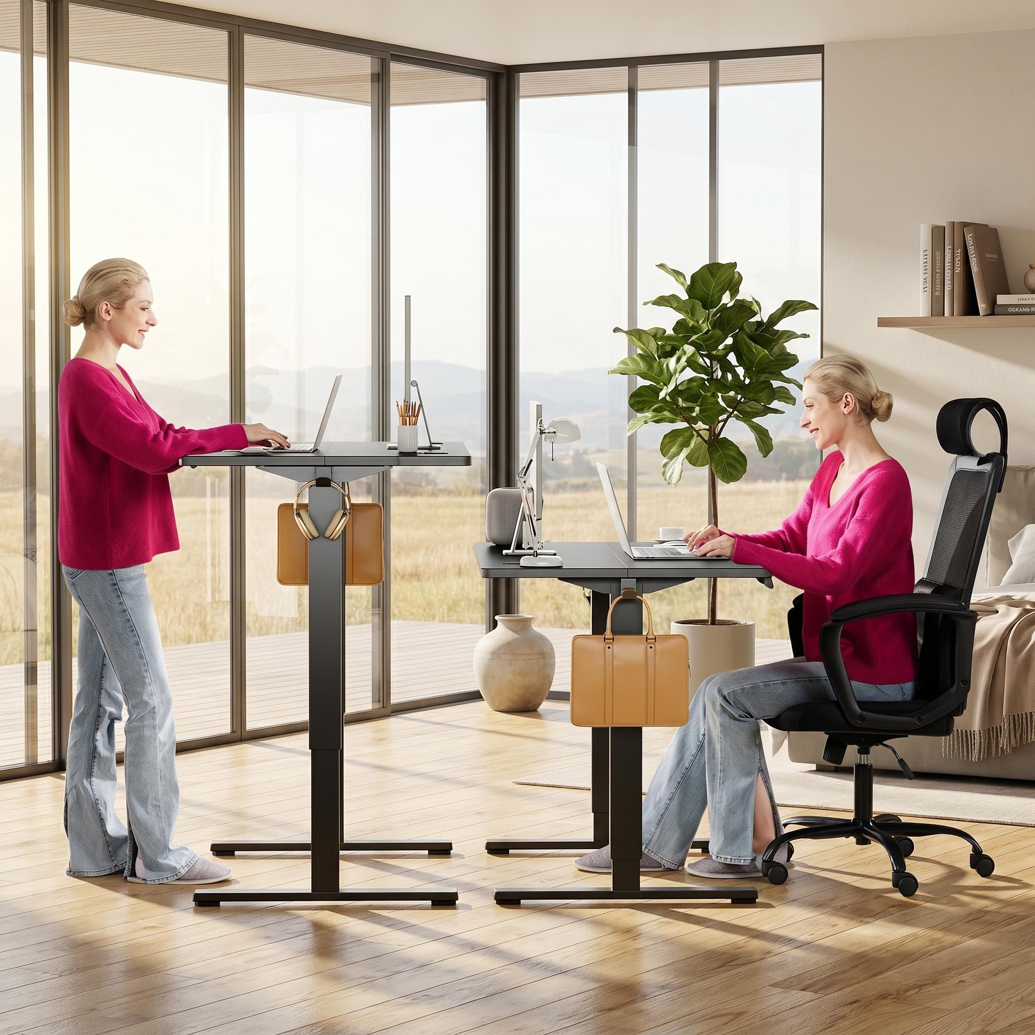 Black electric adjustable height standing desk shown in sitting and standing positions in a modern office.