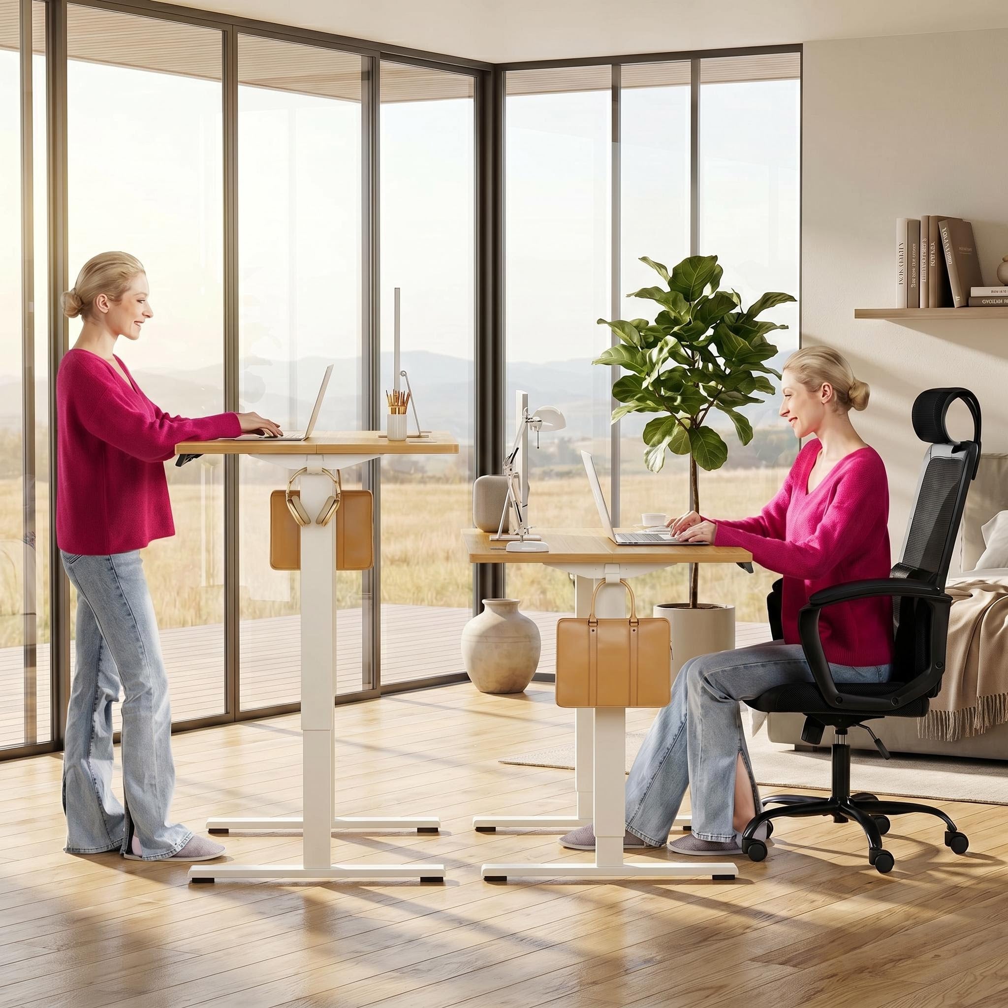 Electric adjustable height standing desk with wooden top and white T-shaped frame in sitting and standing positions.