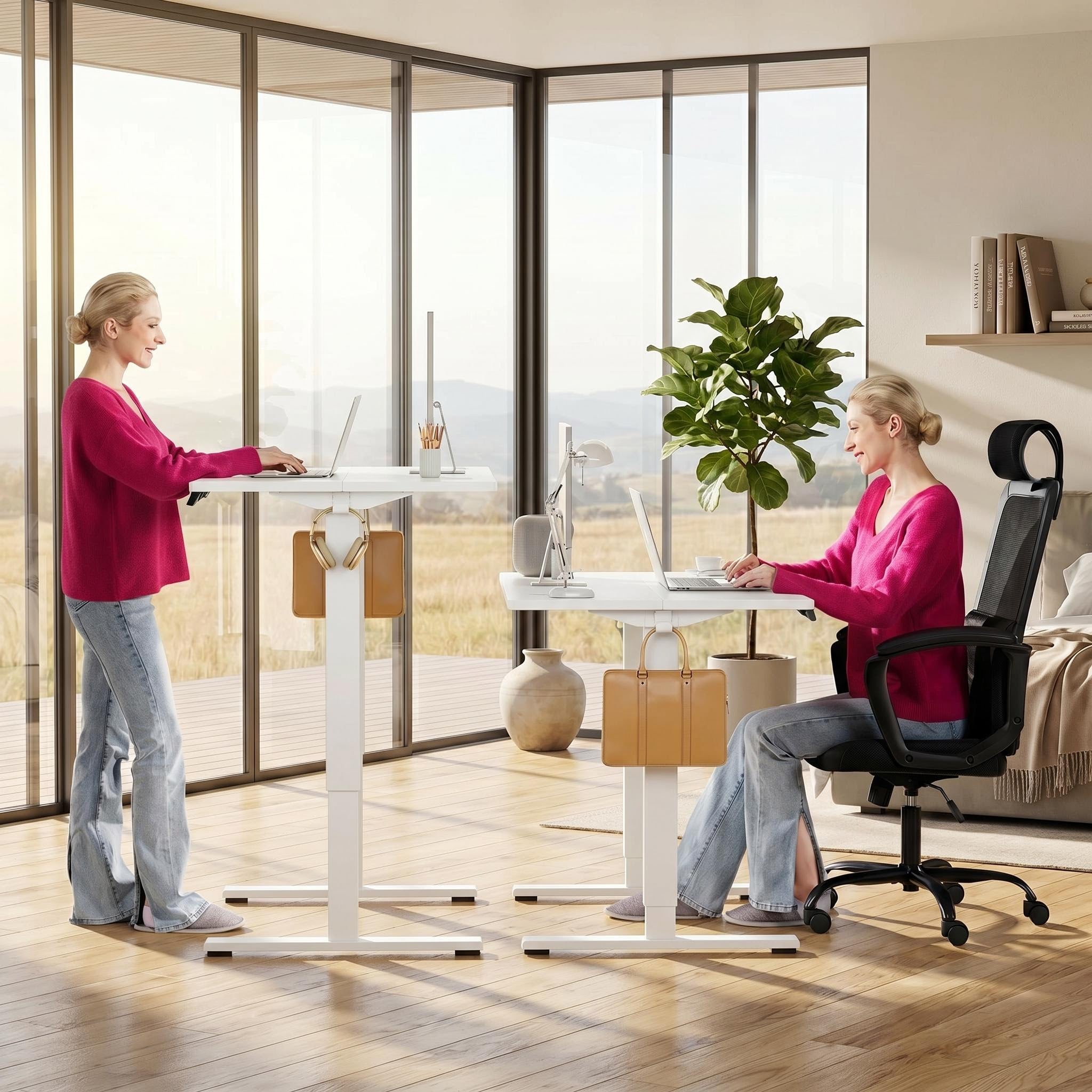 White electric adjustable standing desk shown in sitting and standing positions in a modern home office.