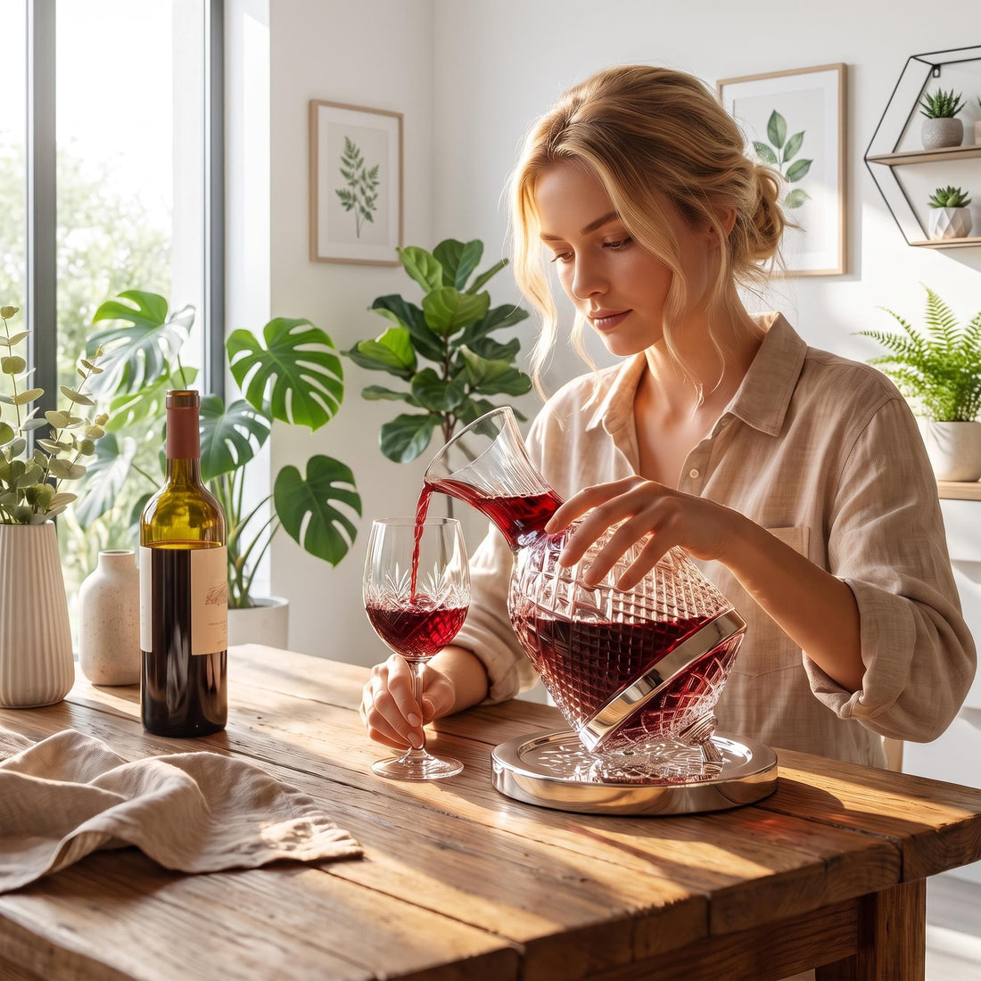 Woman pouring red wine from a rotating crystal decanter into a matching glass on a wooden table.