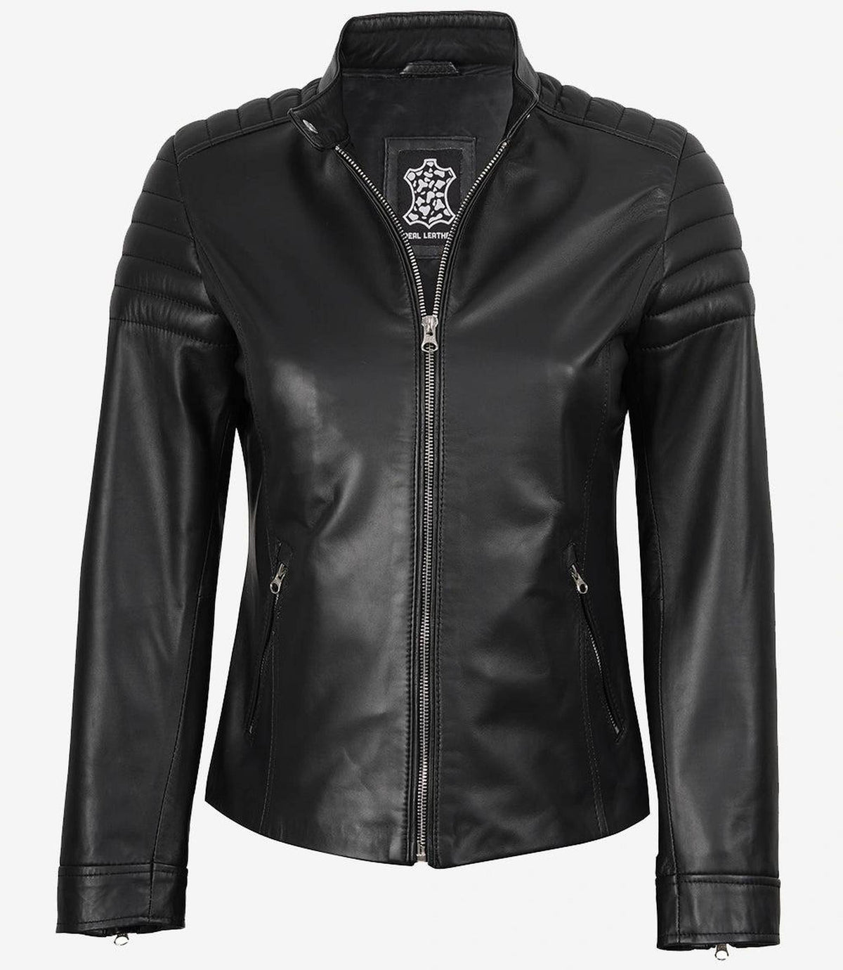 Elegant Black Leather Jacket for Women with Biker Design-Leather Jackets-Glompi-Glompi